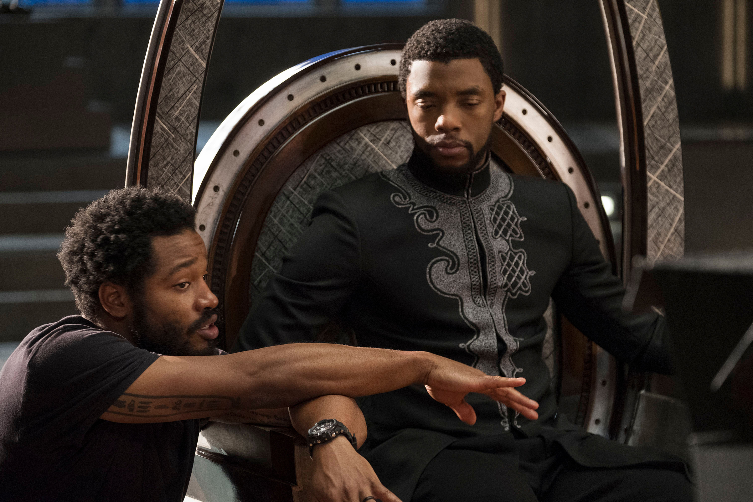 Coogler, who used T'Challa's conflict with Killmonger to make the character more relatable, with Boseman on set (Marvel/Disney—Kobal/Shutterstock)