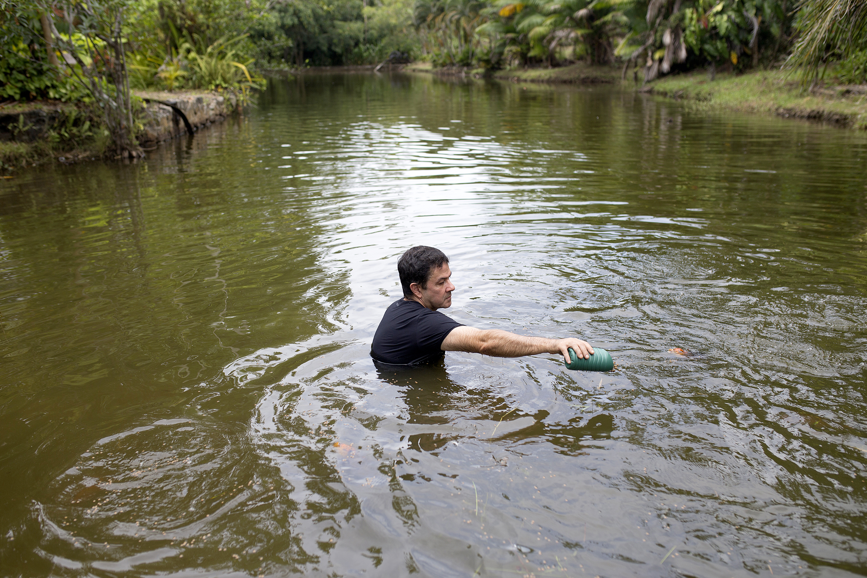 Dr. Rodrigo Souza feeds the fish in his pond at his snake sanctuary in Serra Grande, Brazil. (Stephanie Foden)