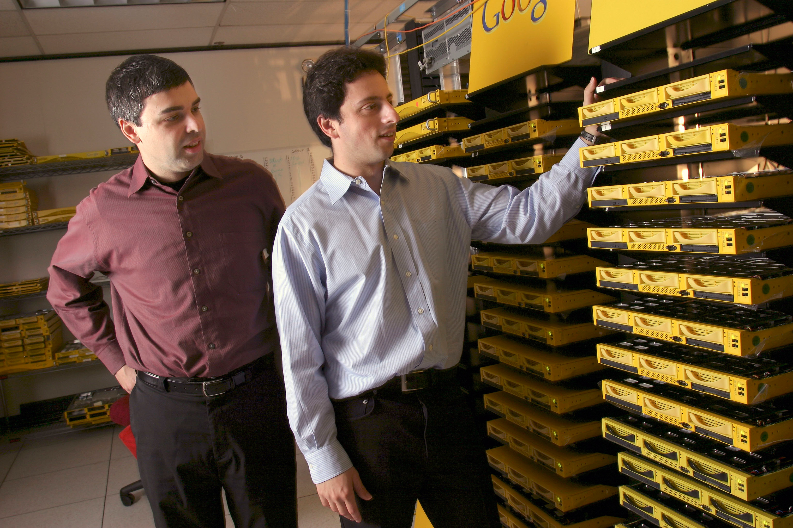 Google co-founders Larry Page, left, and Sergey Brin, at their campus headquarters in Mountain View, Calif., 2003. (Kim Kulish—Corbis/Getty Images)
