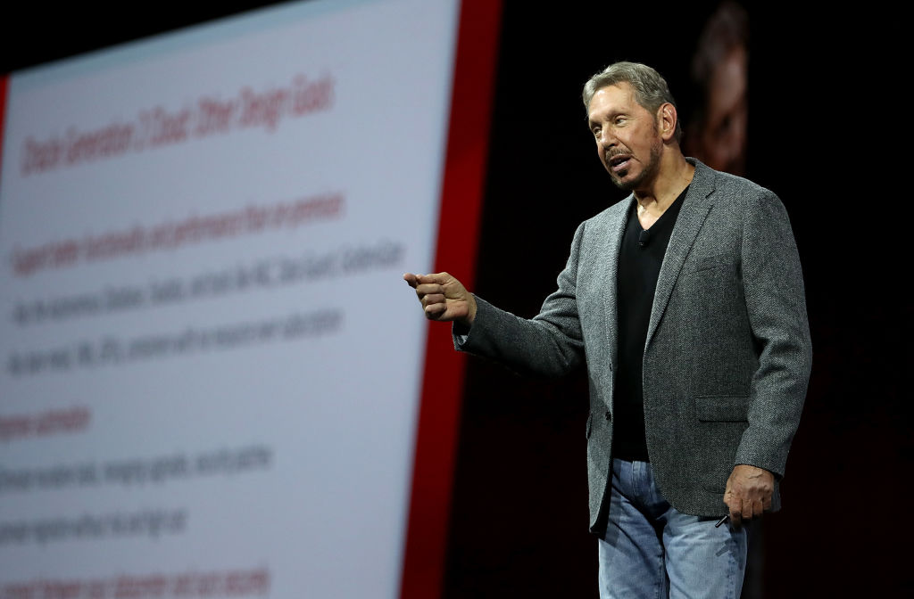 Oracle co-founder and Chairman Larry Ellison delivers a keynote address during the Oracle OpenWorld on Oct. 22, 2018 in San Francisco, California. (Justin Sullivan—Getty Images)