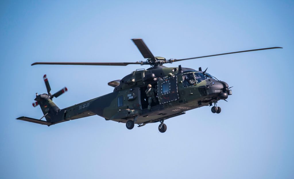 A Sikorsky CH-53K King Stallion heavy-lift cargo helicopter is on show at the ILA Berlin International Aerospace Exhibition at Schoenefeld airport near Berlin on April 25, 2018. The U.S. Marine Corp.'s King Stallion program, developed by Lockheed Martin, is behind schedule. (JOHN MACDOUGALL&mdash;AFP/Getty Images)
