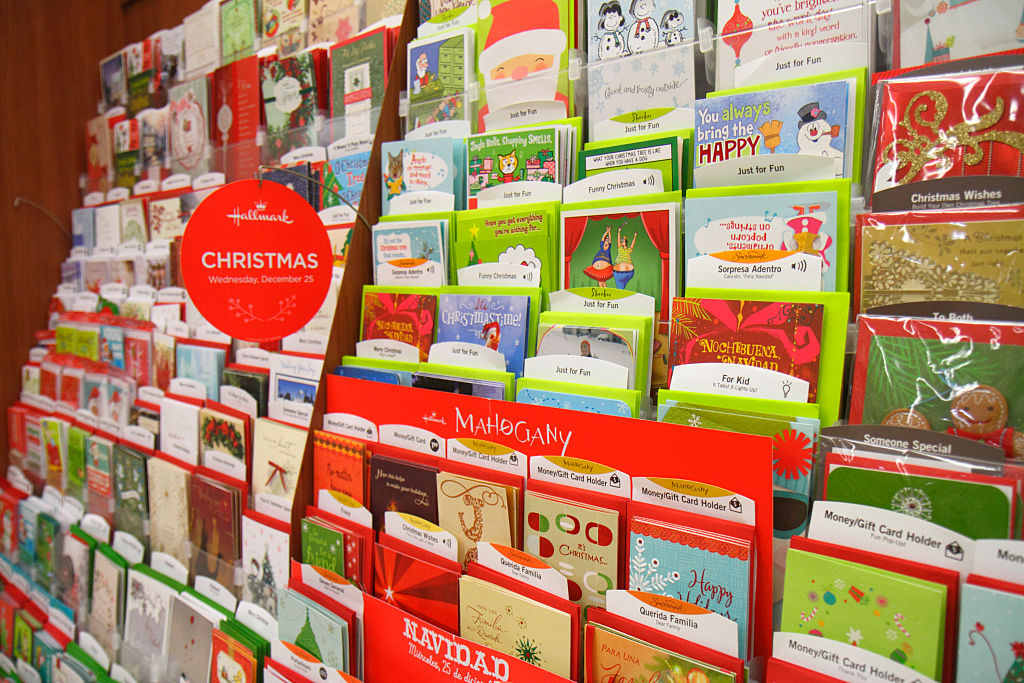 Christmas greeting cards for sale in Walgreens.