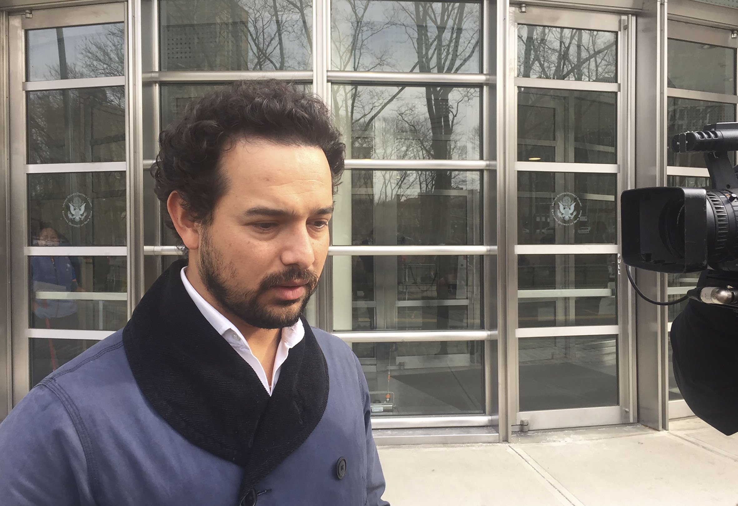 Mexican actor Alejandro Edda, 34, who played Joaquin "El Chapo" Guzman in Netflixs "Narcos: Mexico", walks past media after he attended the trial of the Mexican drug lord in Brooklyn federal court