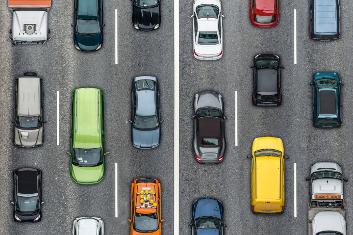 Colored cars on traffic lanes, Aerial View