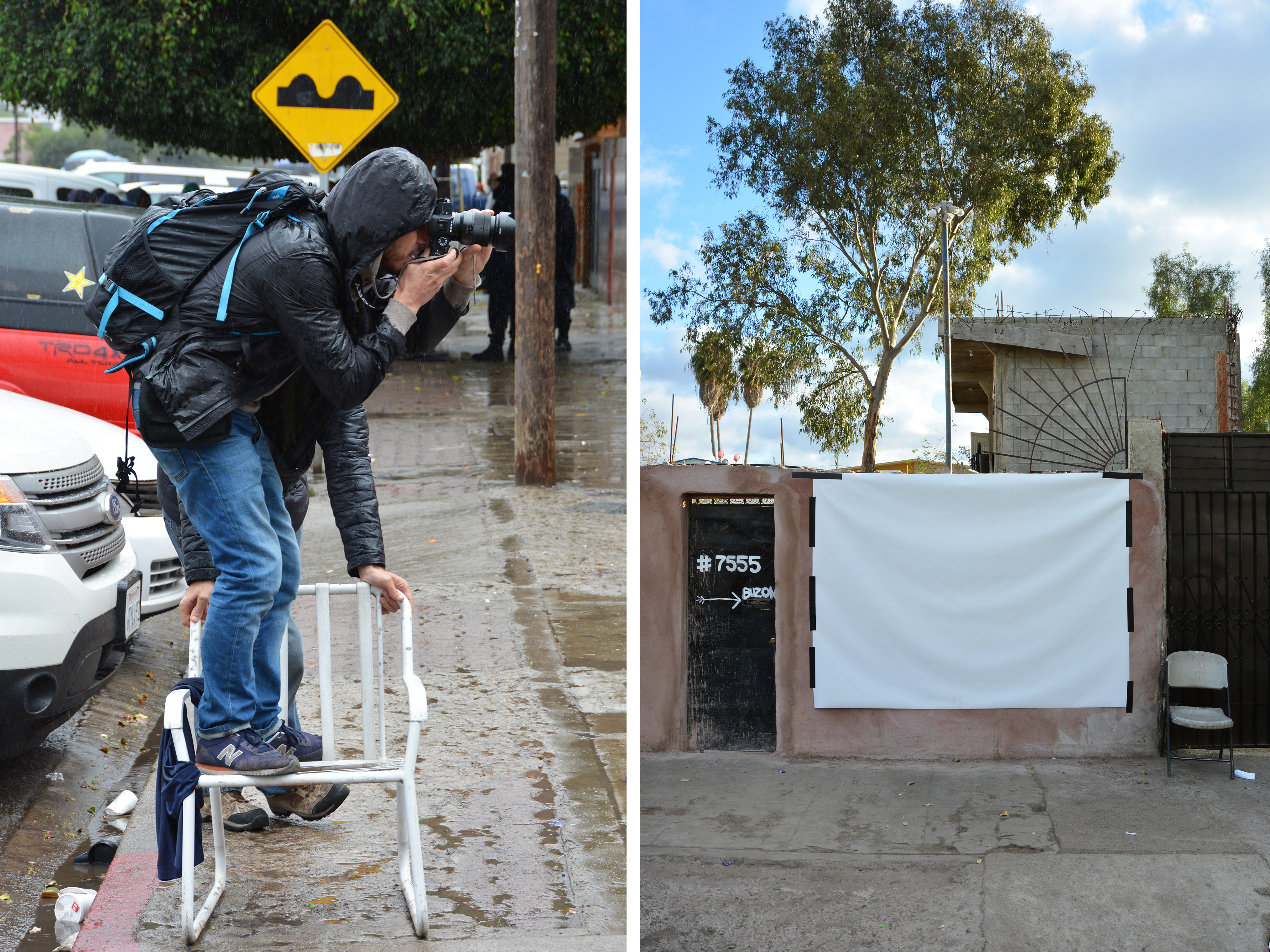 In between rain showers, photographer Davide Monteleone (left) photographed migrants against a white vinyl backdrop (right) on a wall just outside a migrant camp in Tijuana, Mexico. (Photographs by Thea Traff for TIME)