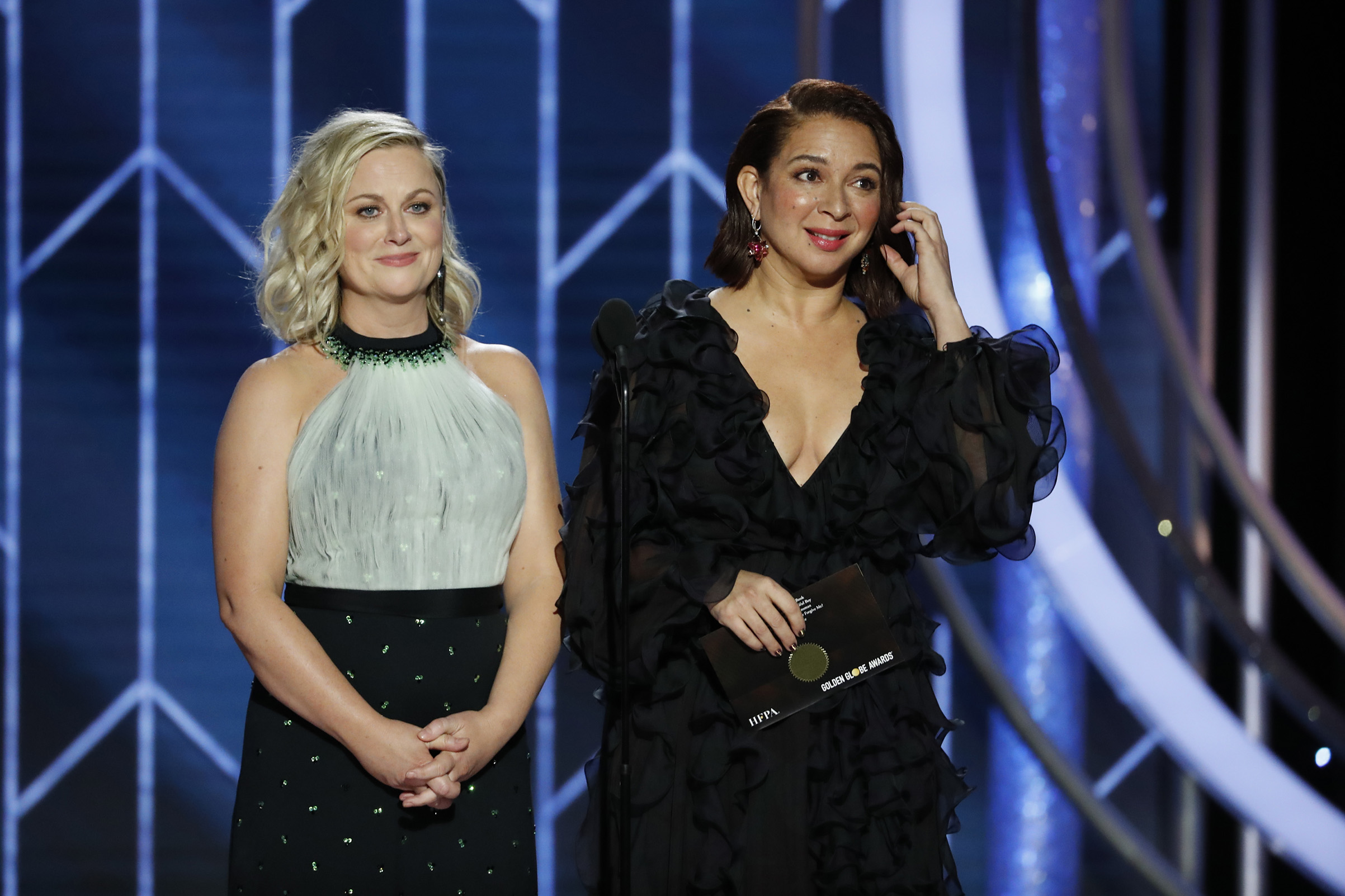 Presenters Amy Poehler and Maya Rudolph speak onstage during the 76th Annual Golden Globe Awards. (NBCUniversal/Getty Images)