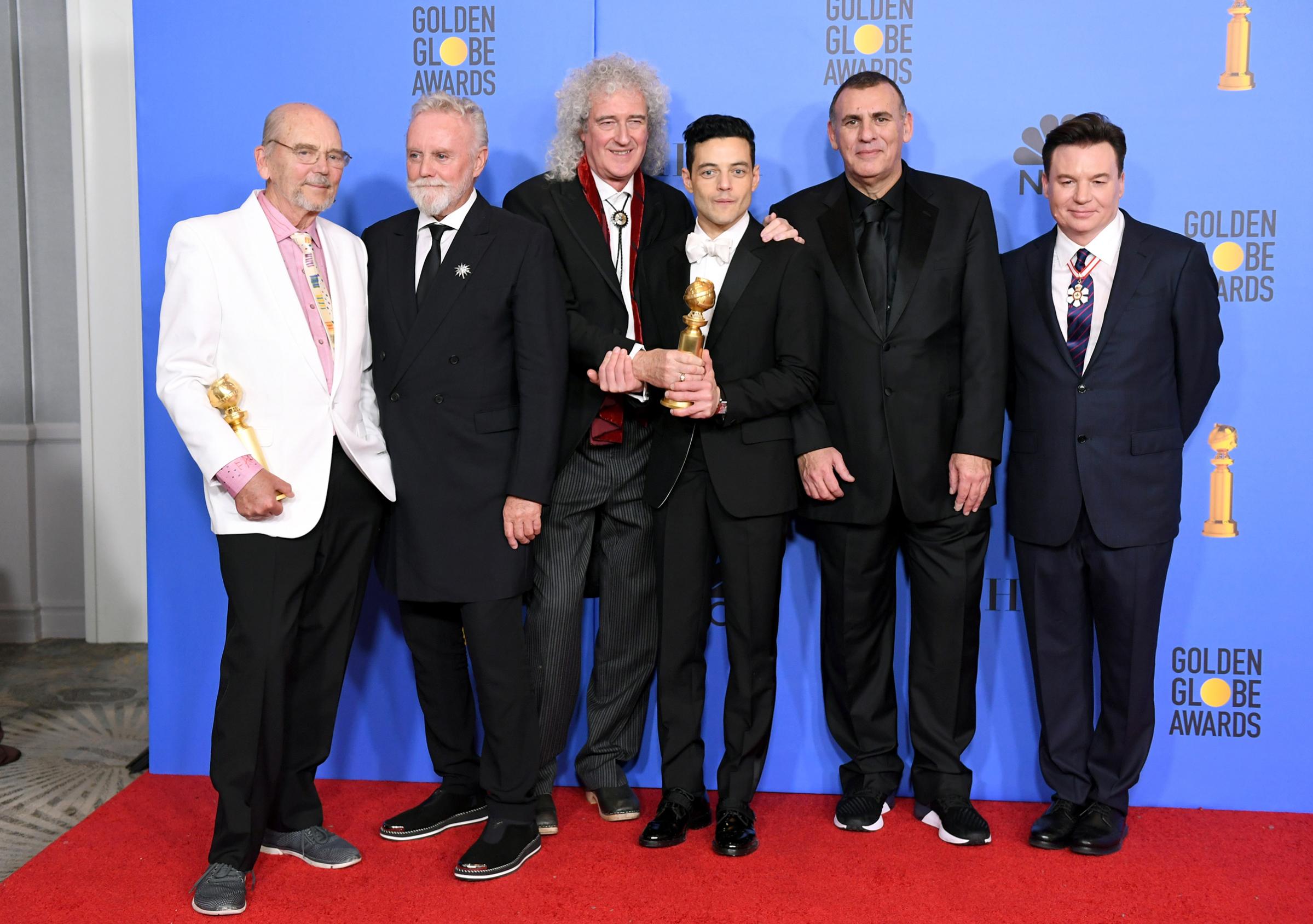 Jim Beach, Roger Taylor and Brian May of Queen, Best Actor in a Motion Picture Drama for 'Bohemian Rhapsody' winner Rami Malek, Producer Graham King, and Mike Myers pose in the press room during the 76th Annual Golden Globe Awards on Jan. 6, 2019 in Beverly Hills.