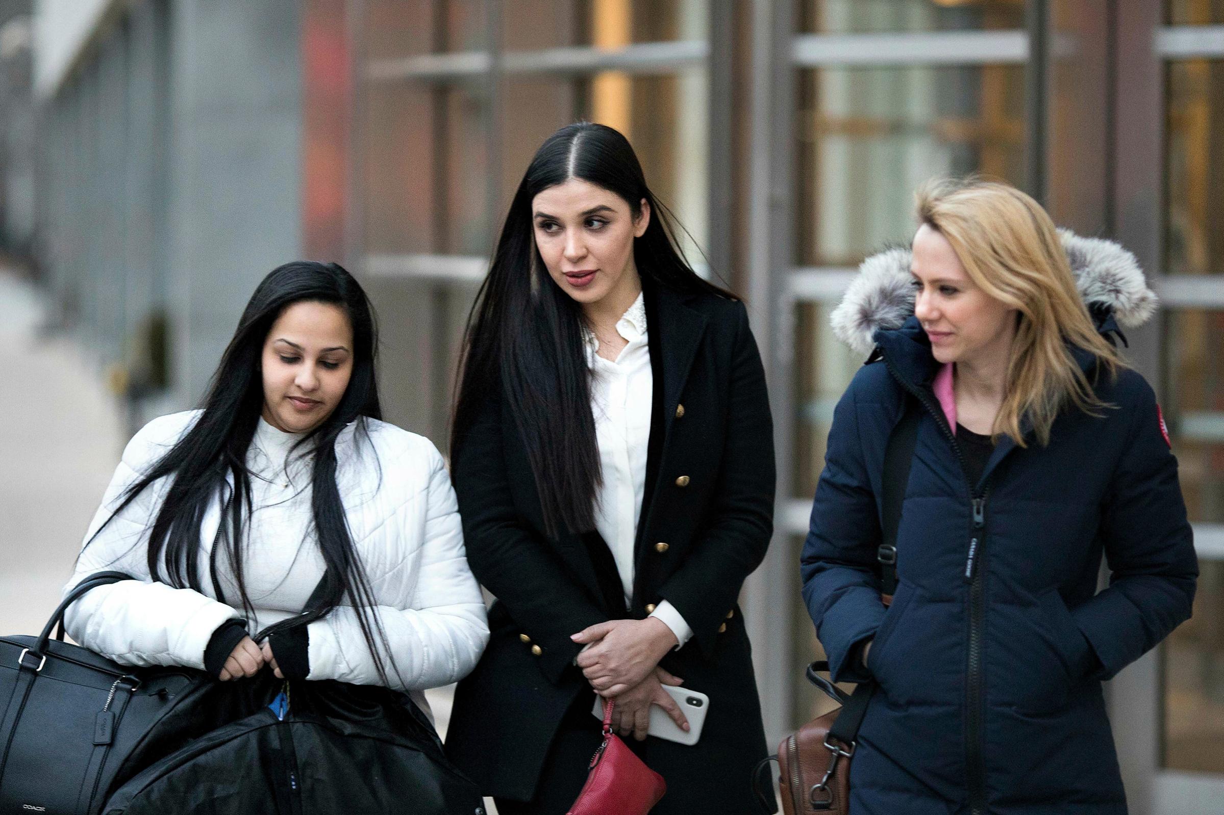 Emma Coronel Aispuro, center, leaves Brooklyn federal court, in New York, after attending the trial of her husband Joaquin "El Chapo" Guzman