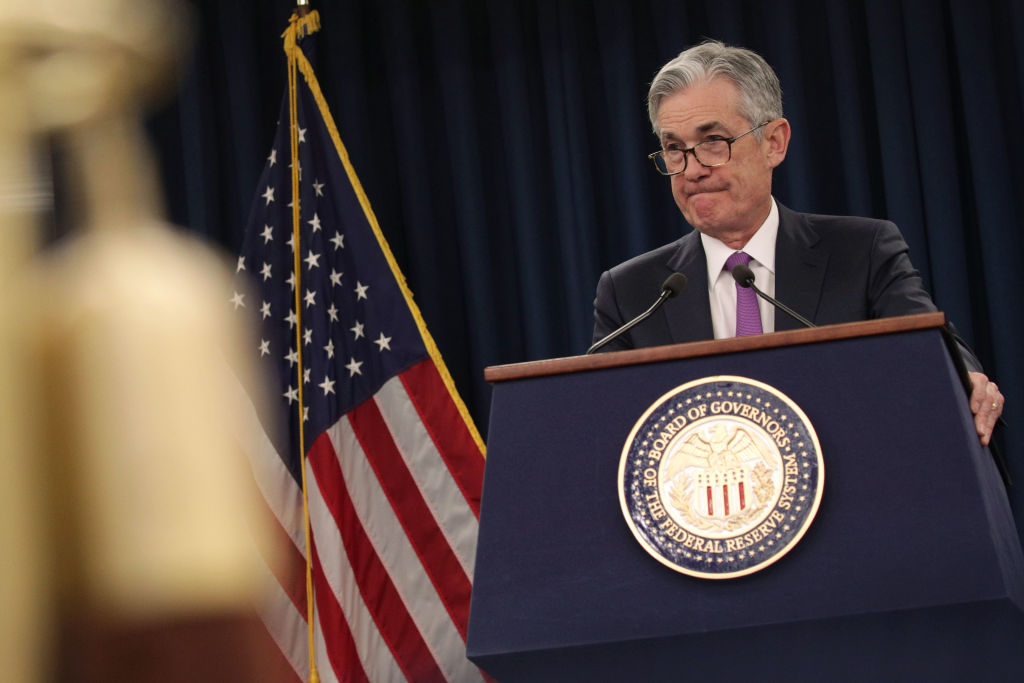 Federal Reserve Board Chairman Jerome Powell pauses during a news conference after a Federal Open Market Committee meeting January 30, 2019 in Washington, DC. (Alex Wong&mdash;Getty Images)