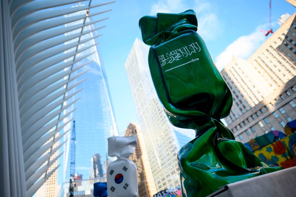 A sculpture with the flag of Saudi Arabia, part of an exhibit called 'Candy Nations' is pictured outside next to the Oculus, one of the buildings that replaced the original World Trade Center in New York City on Jan. 14, 2019. (Johannes Eisele&mdash;AFP/Getty Images)