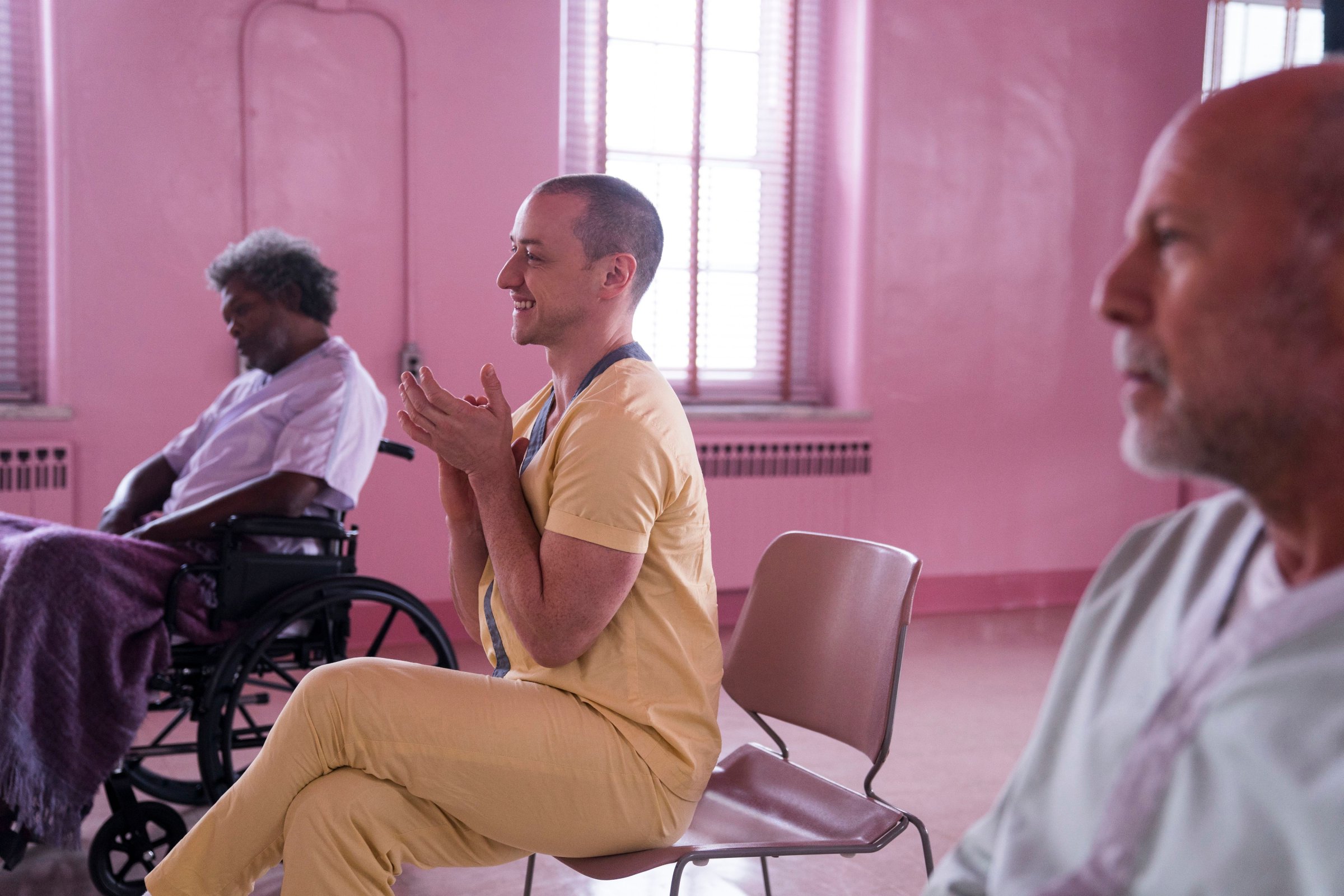 Samuel L. Jackson as Elijah Price/Mr. Glass, James McAvoy as Kevin Wendell Crumb/The Horde, and Bruce Willis as David in 'Glass'