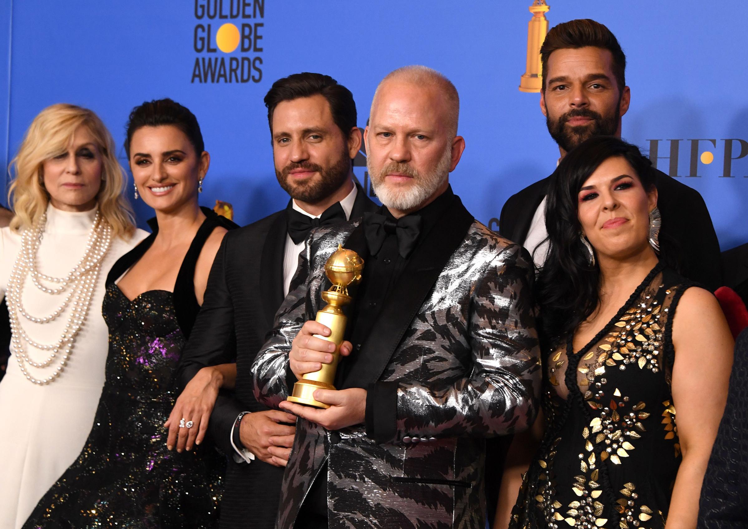 Best Limited Series or Motion Picture Made for Television "The Assassination of Gianni Versace" winners producer Ryan Murphy and actors Penelope Cruz, Edgar Ramirez, Ricky Martin pose with the award during the 76th annual Golden Globe Awards.