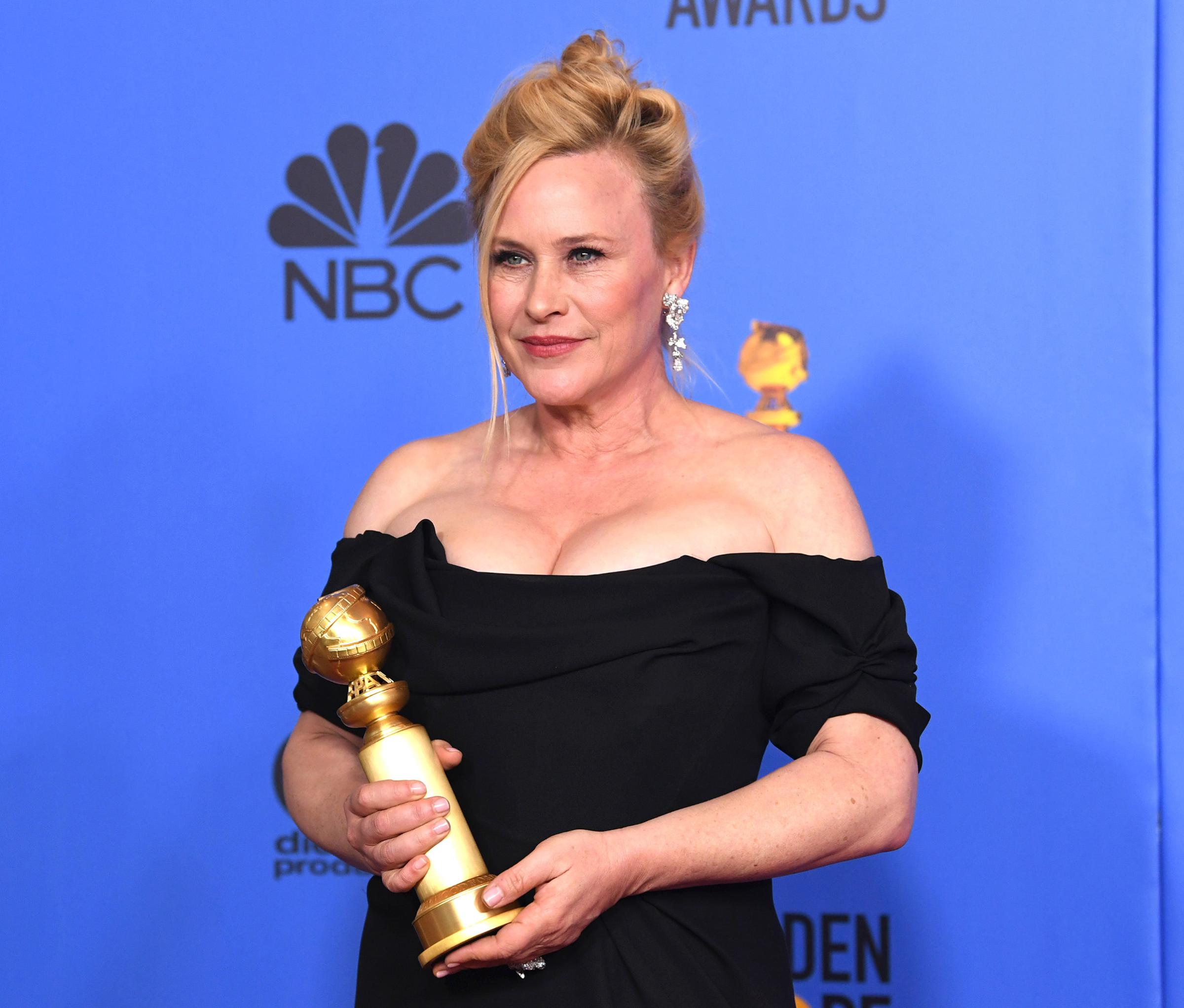 Best Performance by an Actress in a Limited Series or Motion Picture Made for Television for 'Escape at Dannemora' winner Patricia Arquette poses with the trophy in the press room during the 76th Annual Golden Globe Awards.