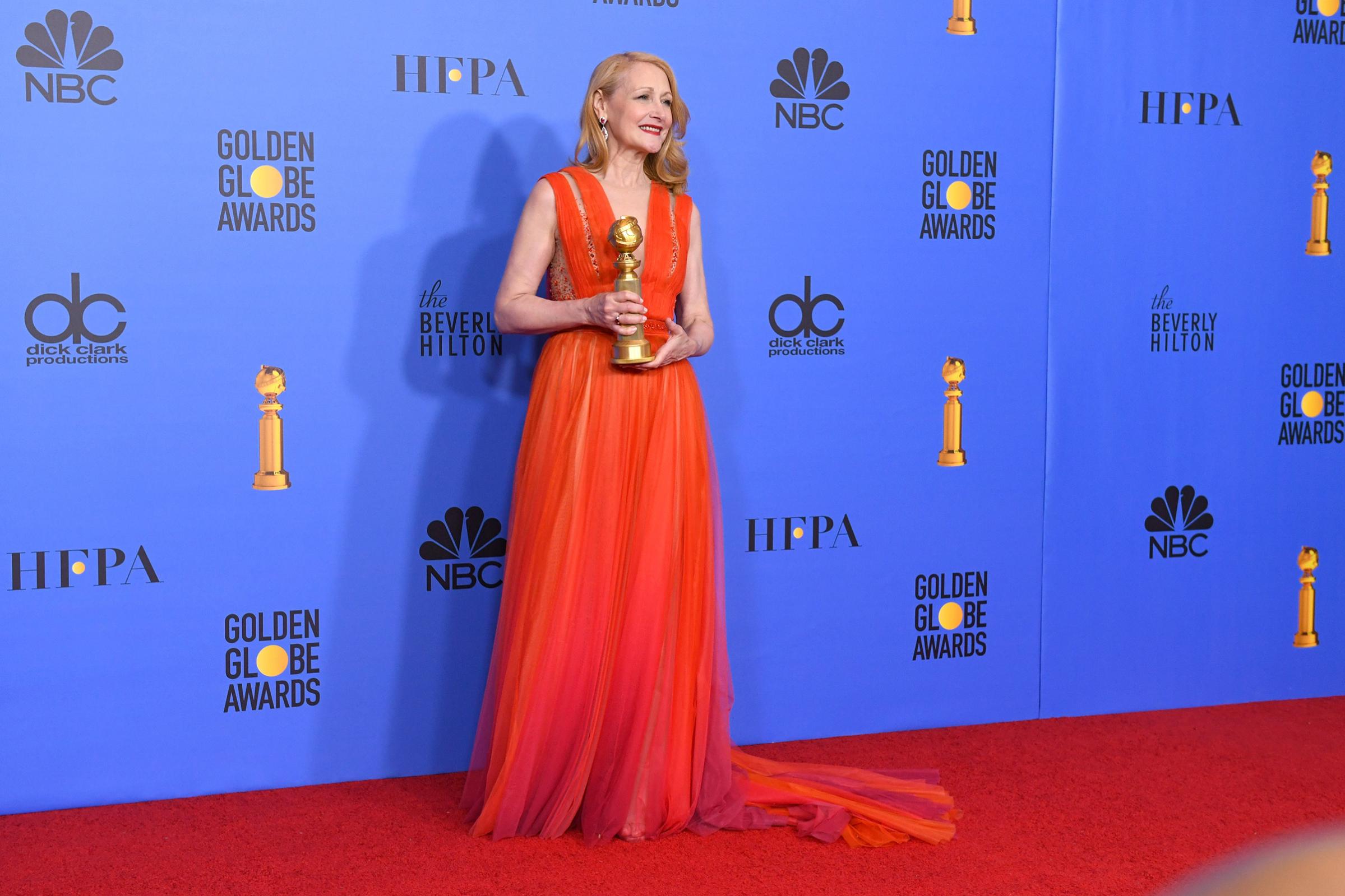 Best Performance by an Actress in a Supporting Role in a Series, Limited Series or Motion Picture Made for Television for 'Sharp Objects' winner Patricia Clarkson poses in the press room during the 76th Annual Golden Globe Awards.