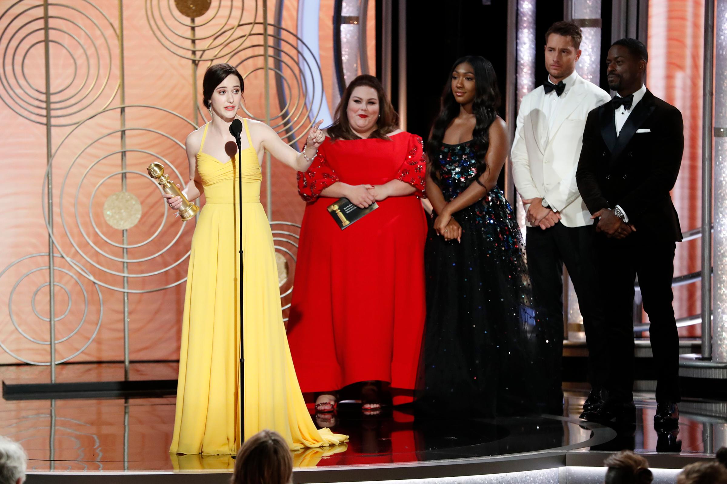 Rachel Brosnahan from “The Marvelous Mrs. Maisel” accepts the Best Performance by an Actress in a Television Series – Musical or Comedy award onstage during the 76th Annual Golden Globe Awards.