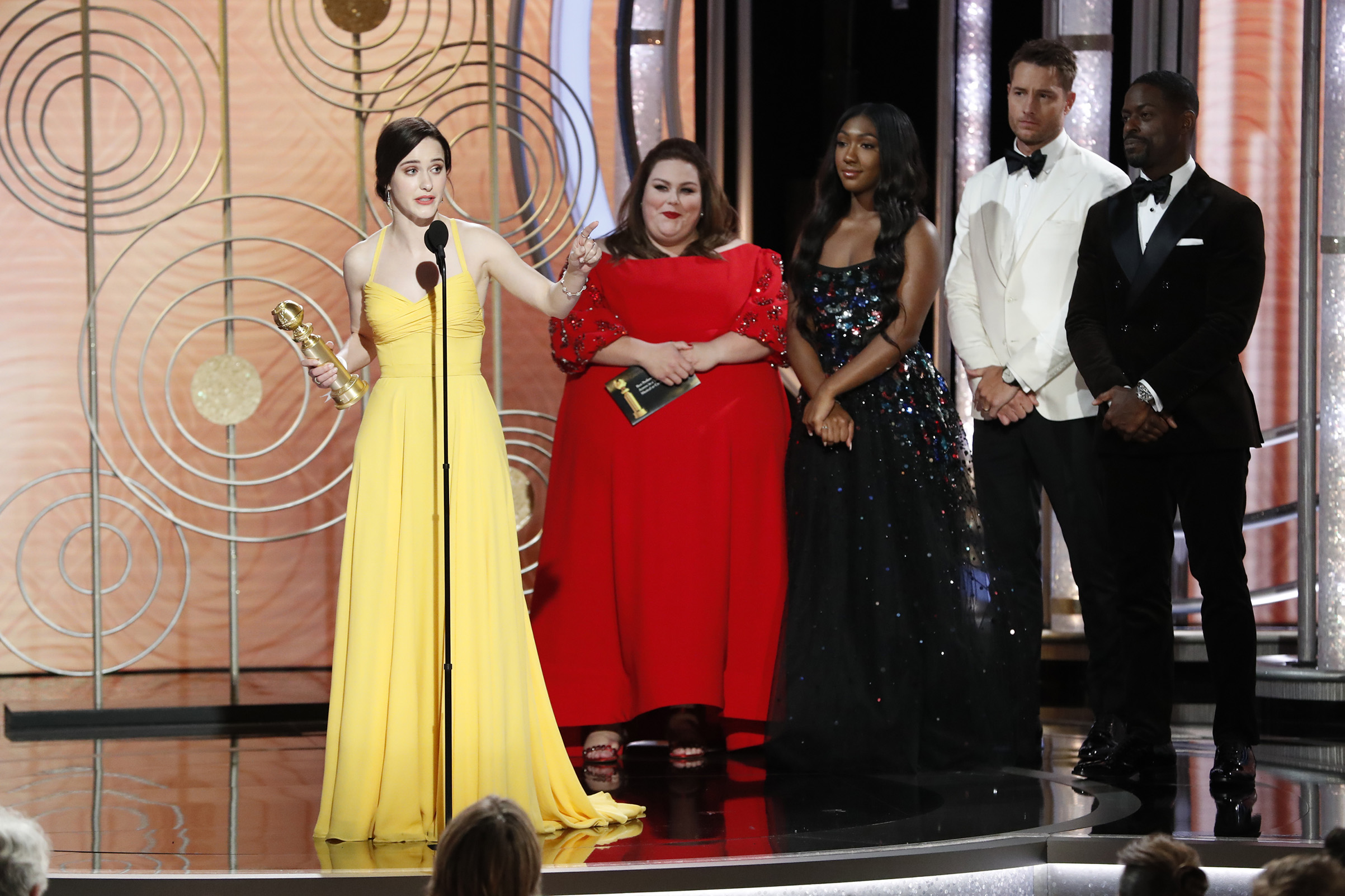Rachel Brosnahan from “The Marvelous Mrs. Maisel” accepts the Best Performance by an Actress in a Television Series – Musical or Comedy award onstage during the 76th Annual Golden Globe Awards. (NBCUniversal/Getty Images)