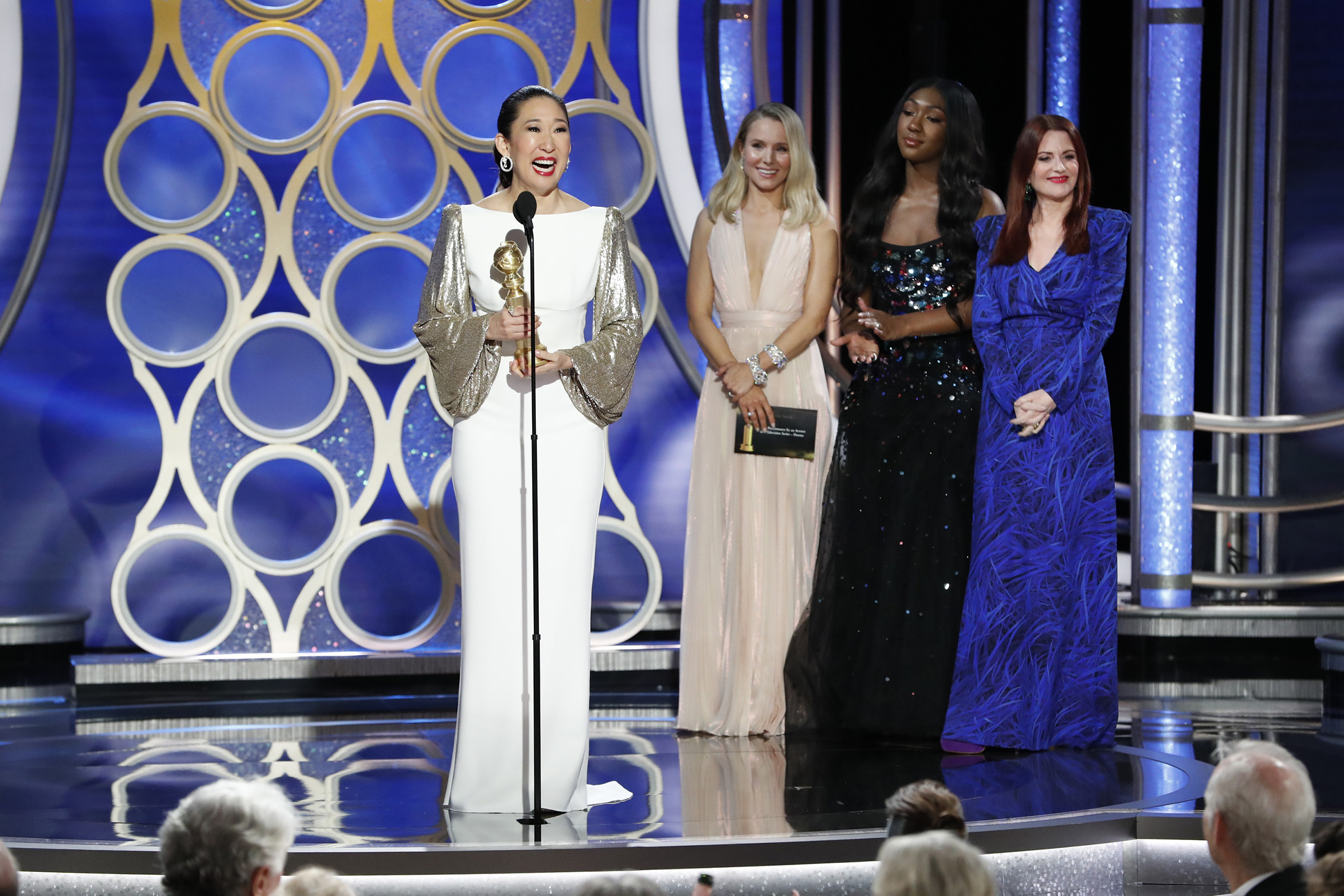 Sandra Oh from “Killing Eve” accept the Best Performance by an Actress in a Television Series – Drama award onstage during the 76th Annual Golden Globe Awards. (NBCUniversal/Getty Images)