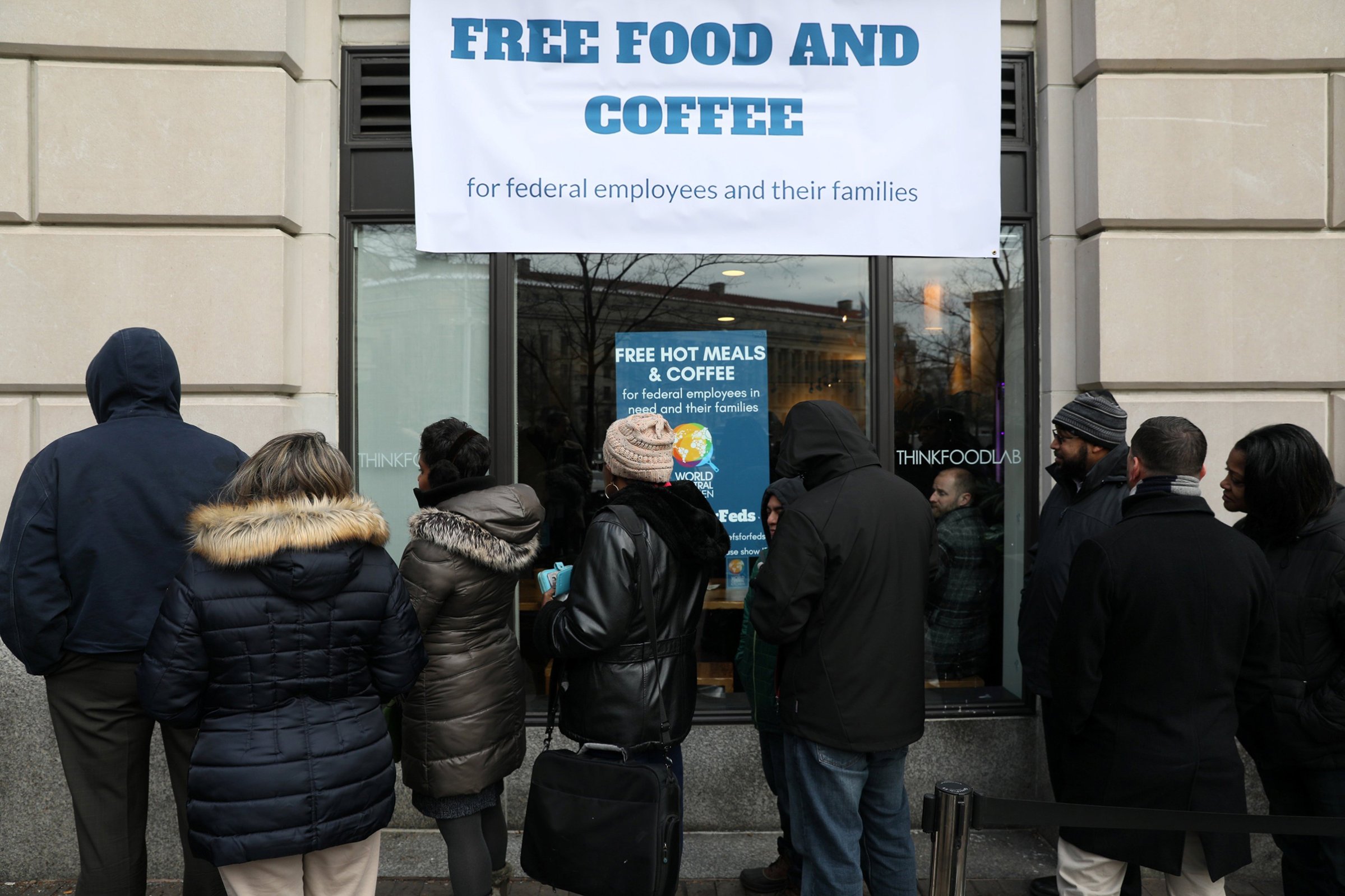 Federal workers wait in line in Washington on Jan. 16