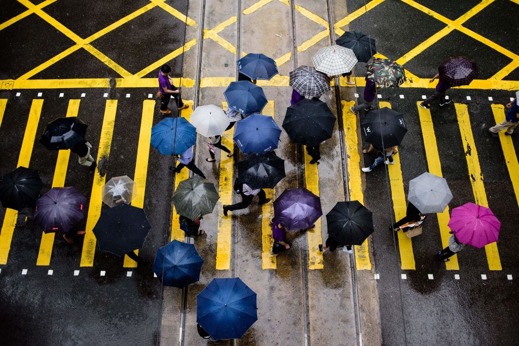 Pedestrians use umbrellas to shield themselves from the rain as they walk across a main road in Hong Kong on May 24, 2017. (ANTHONY WALLACE&mdash;AFP/Getty Images)