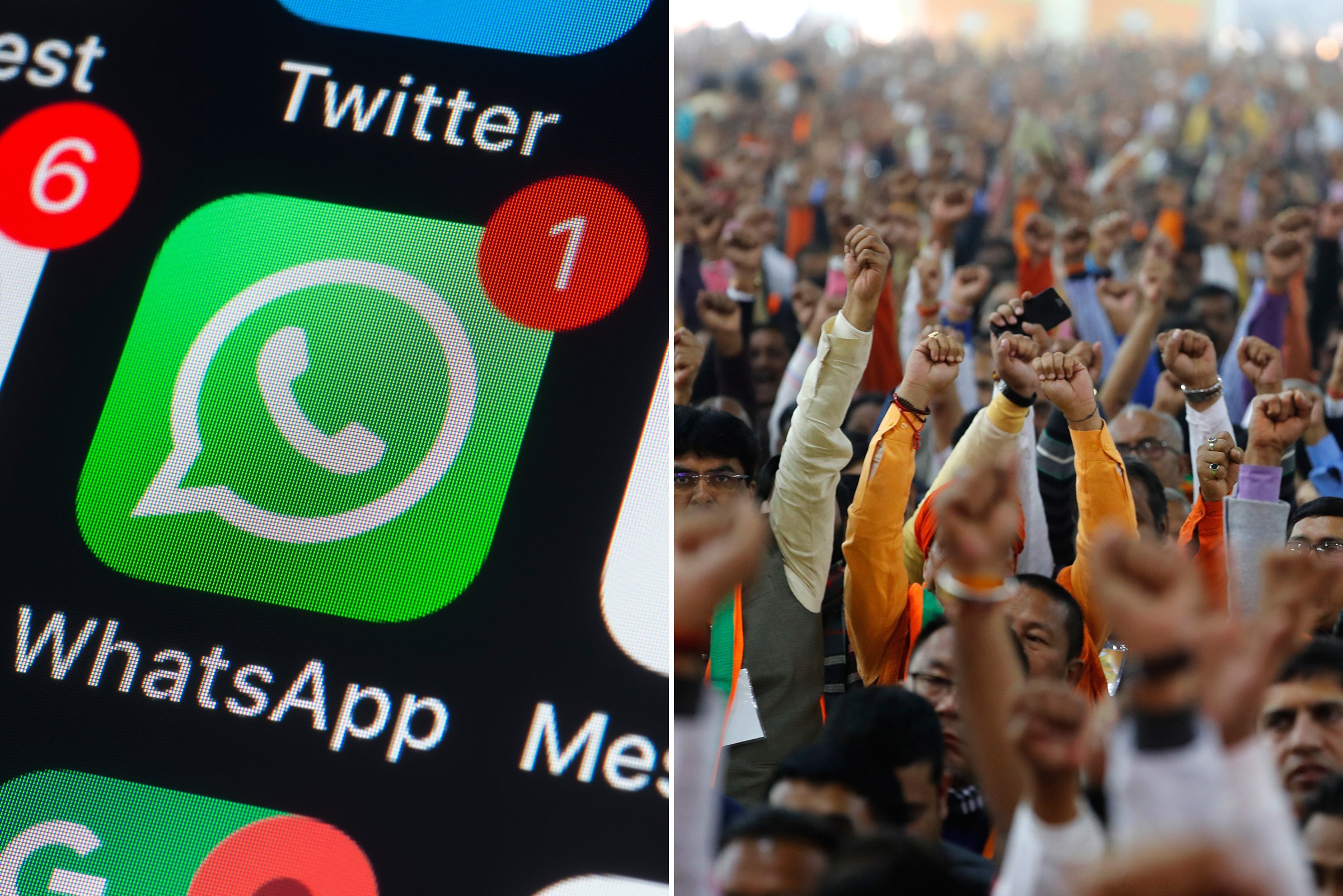 A plit image of the WhatsApp icon and Bharatiya Janata Party supporters shout slogans during the party's national convention in New Delhi