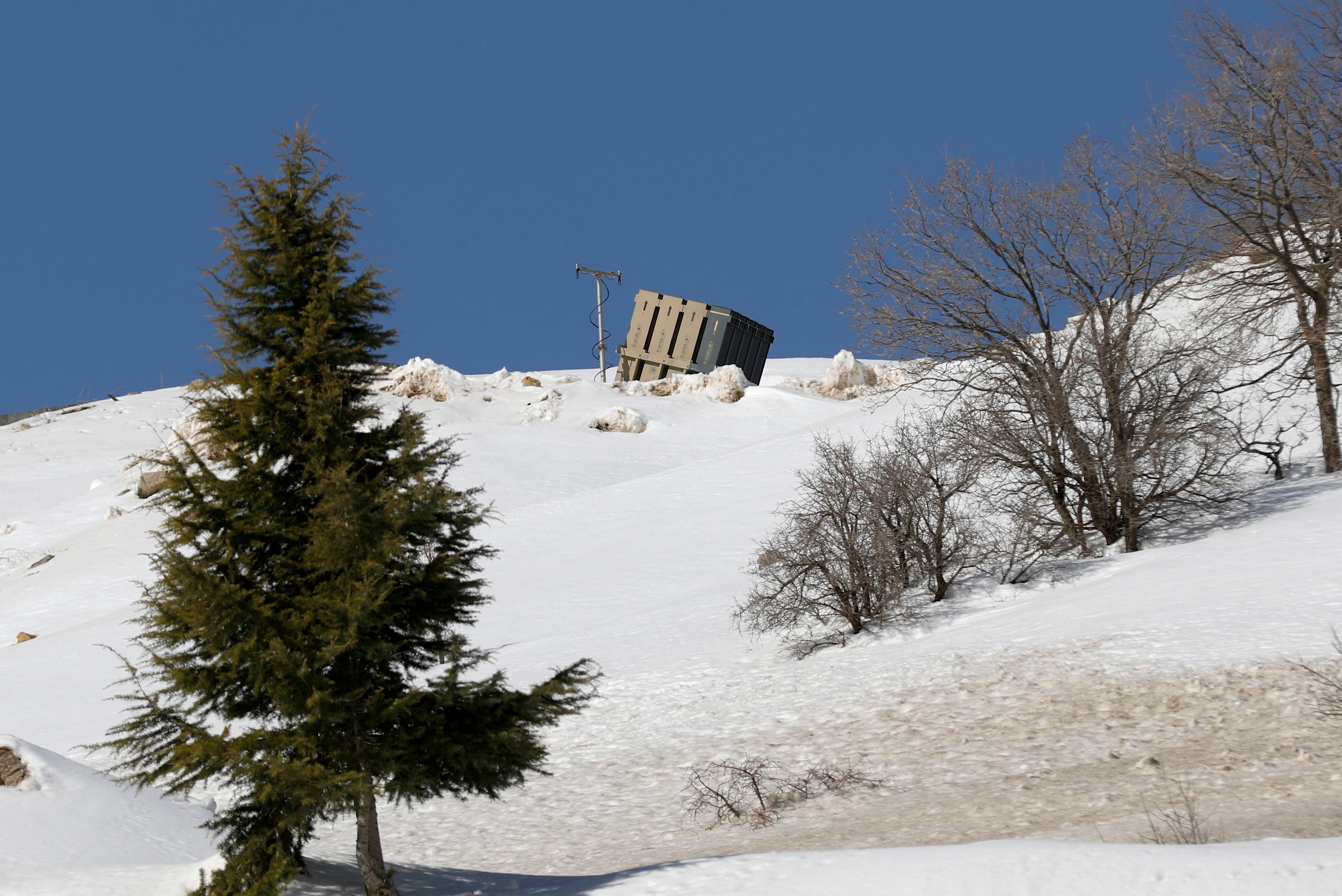 Israeli Iron Dome aerial defense systems deployed near the Mount Hermon resort, located at the intersection of the Israeli-Lebanese-Syrian border in the north of the Golan Heights on Jan. 21, 2019. According to media reports, the Israeli Defense Forces (IDF) stated that it had targeted Iranian Revolutionary Guards targets active in Syrian territory in response to alleged rocket that was fired from Syria toward Mount Hermon Resort on Jan. 20. (Atef Safadi—EP/EFE/REX/Shutterstock)