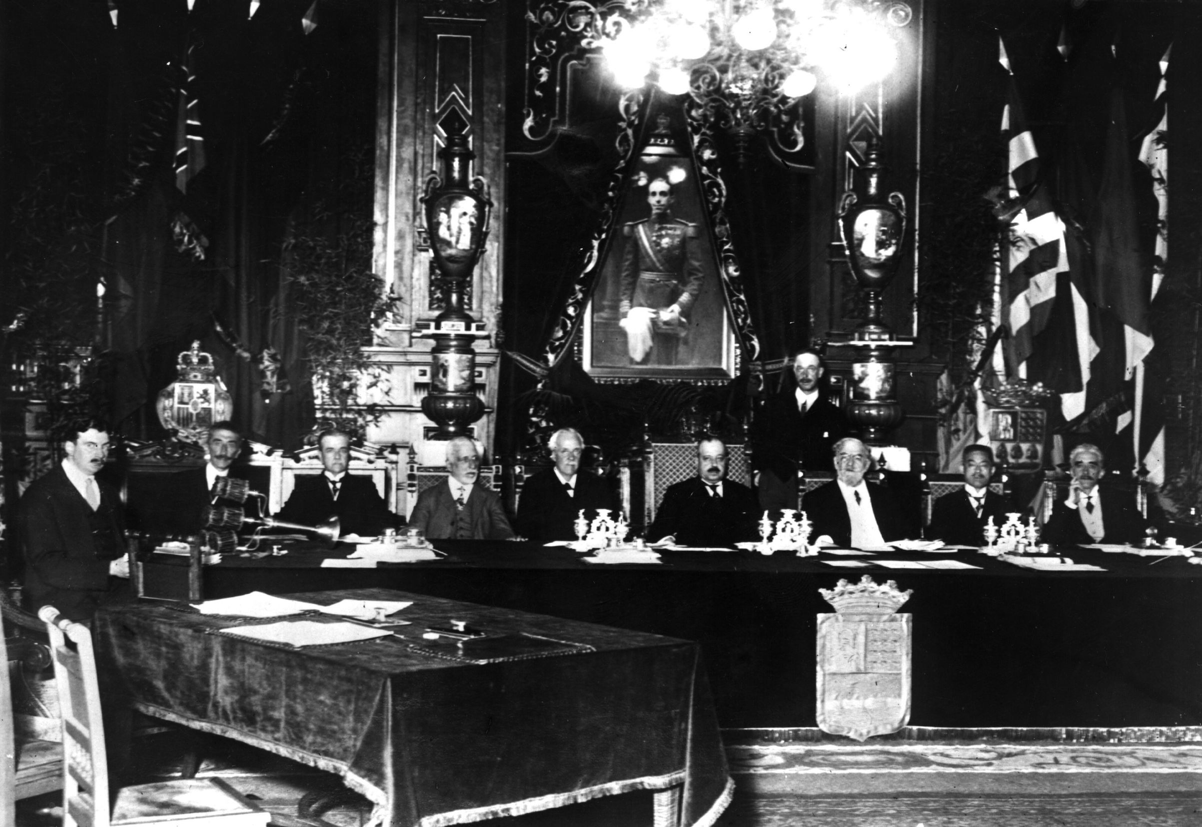 Nov. 15, 1920:  The first session of the Council of the League of Nations with their coat-of-arms. (Topical Press Agency/Getty Images)