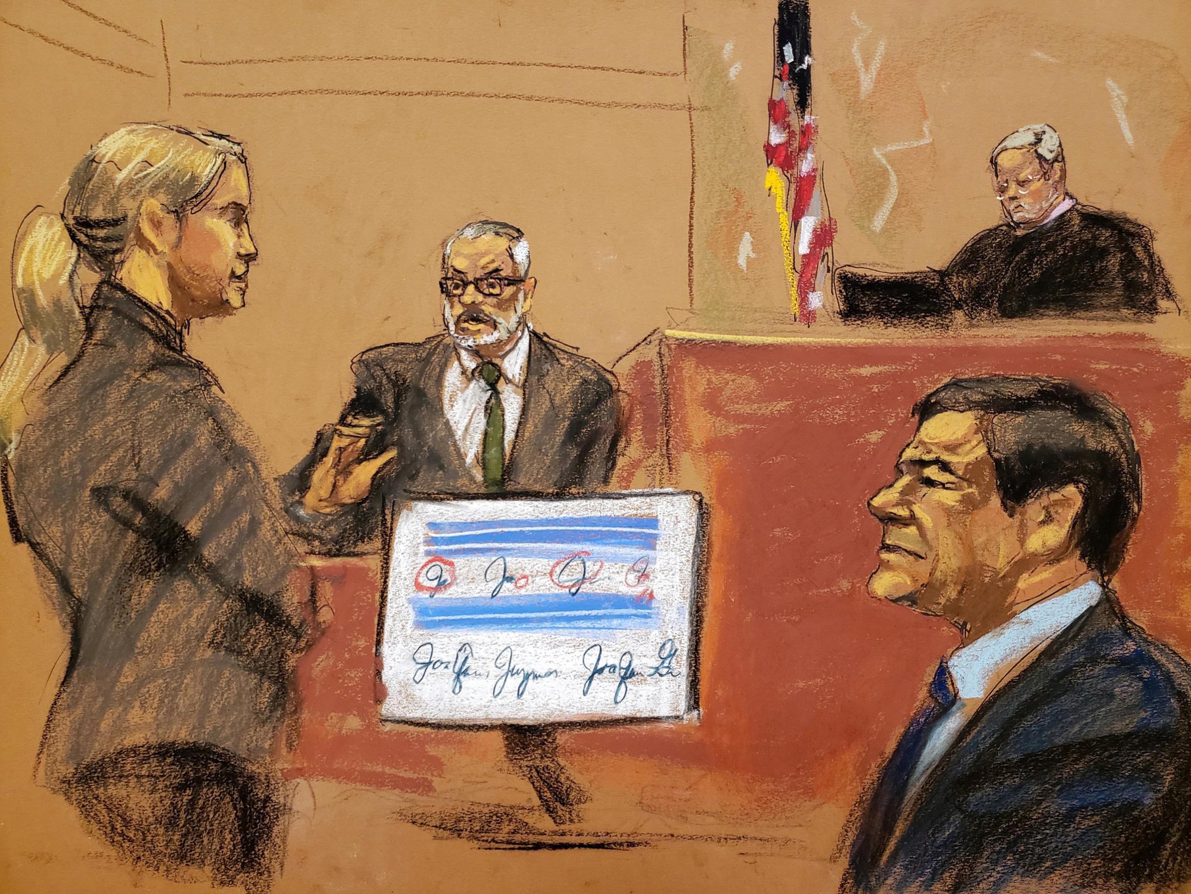 A courtroom sketch of Assistant U.S. Attorney Amanda Liskamm questions Damaso Lopez Nunez on the witness stand