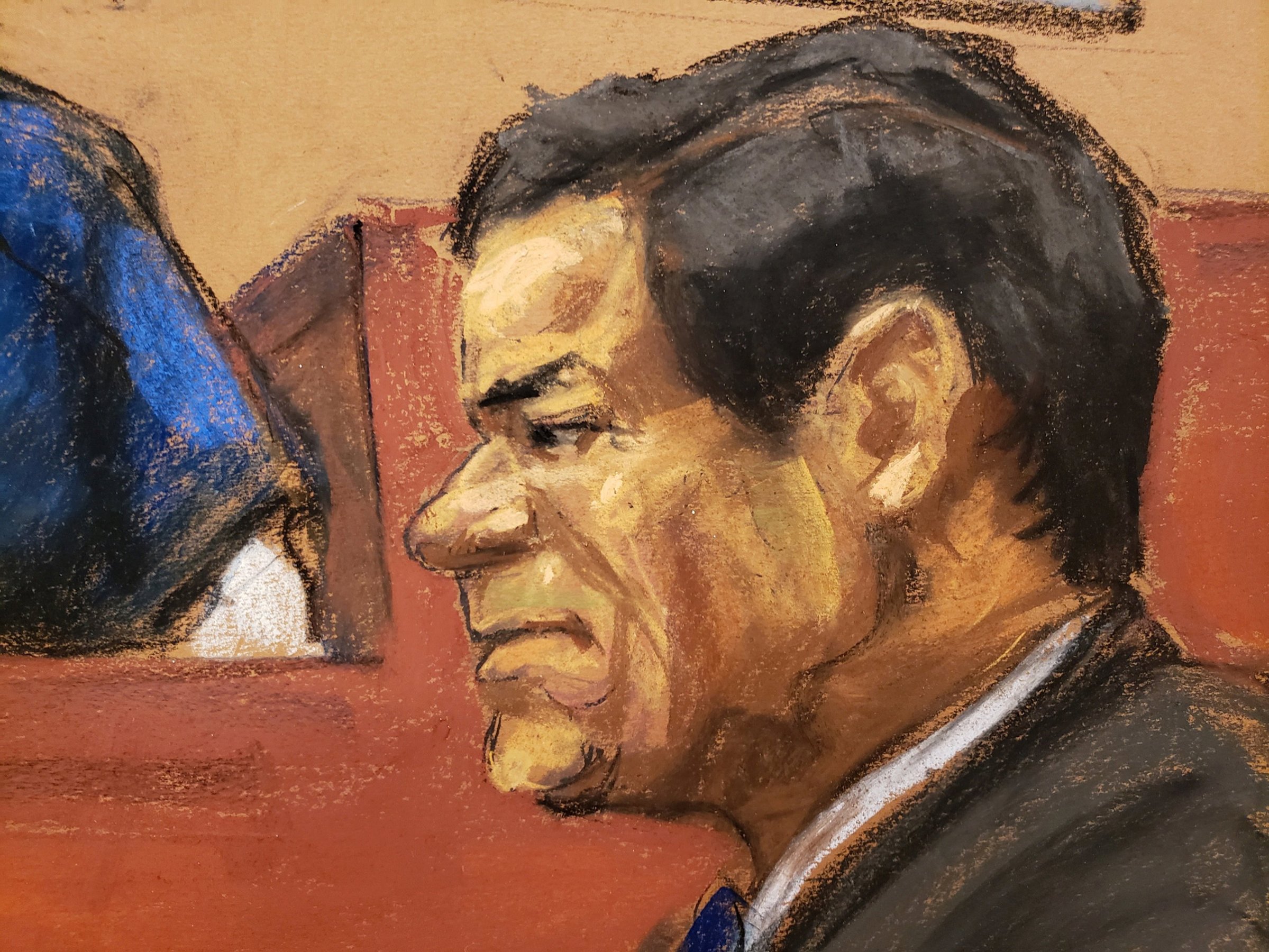 A courtroom sketch of The accused Mexican drug lord Joaquin "El Chapo" Guzman listens to a testimony by Isaias Valdez Rios