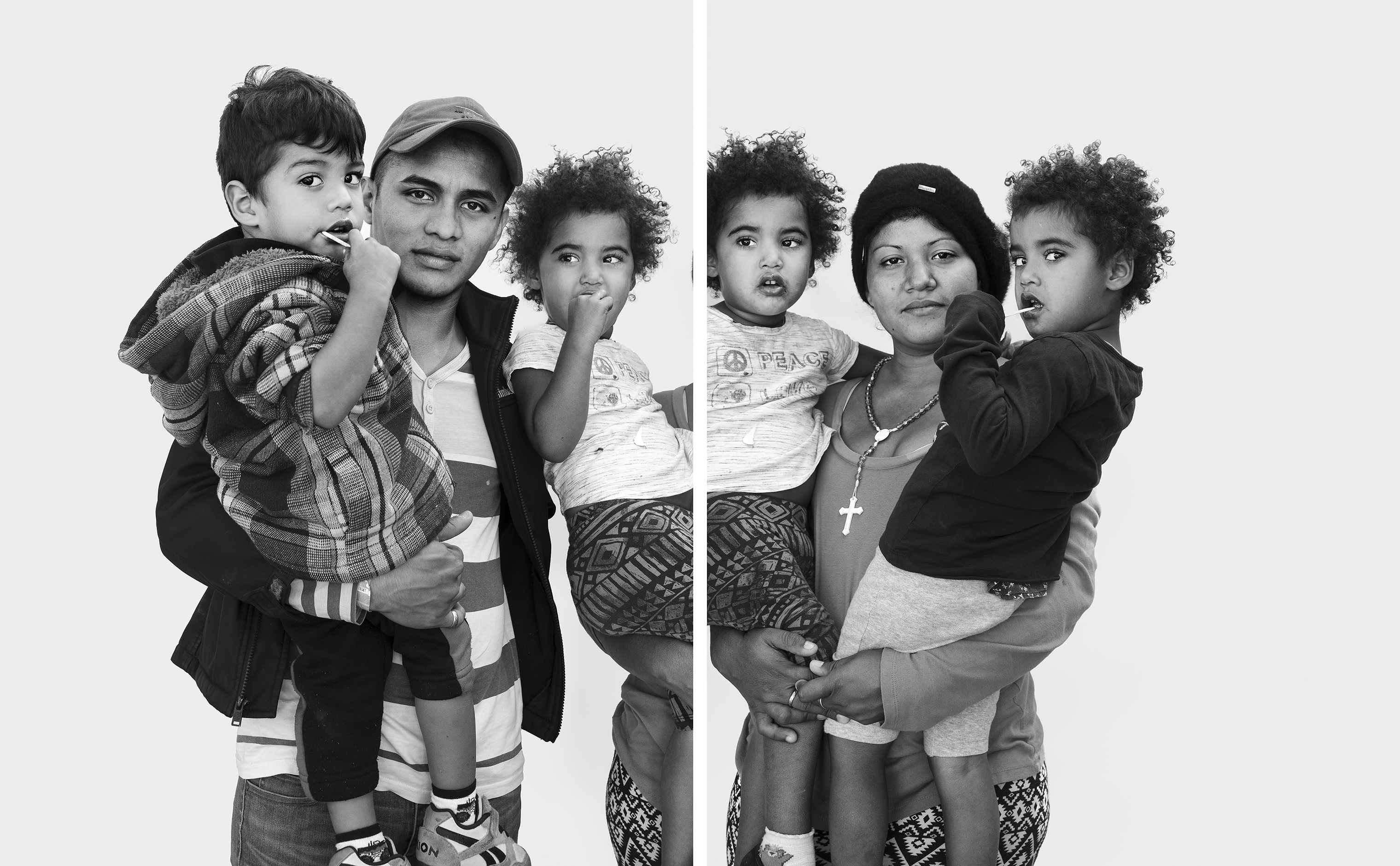 Francisco Soto, 23, and Darileni Rodríguez, 25, left their home in Honduras to join the migrant caravan with their three children in tow: Frederick Rodríguez, 2; Sharon Pérez Rodríguez, 3 (twin on left); and Rous Pérez Rodríguez, 3 (twin on right) (Davide Monteleone for TIME)