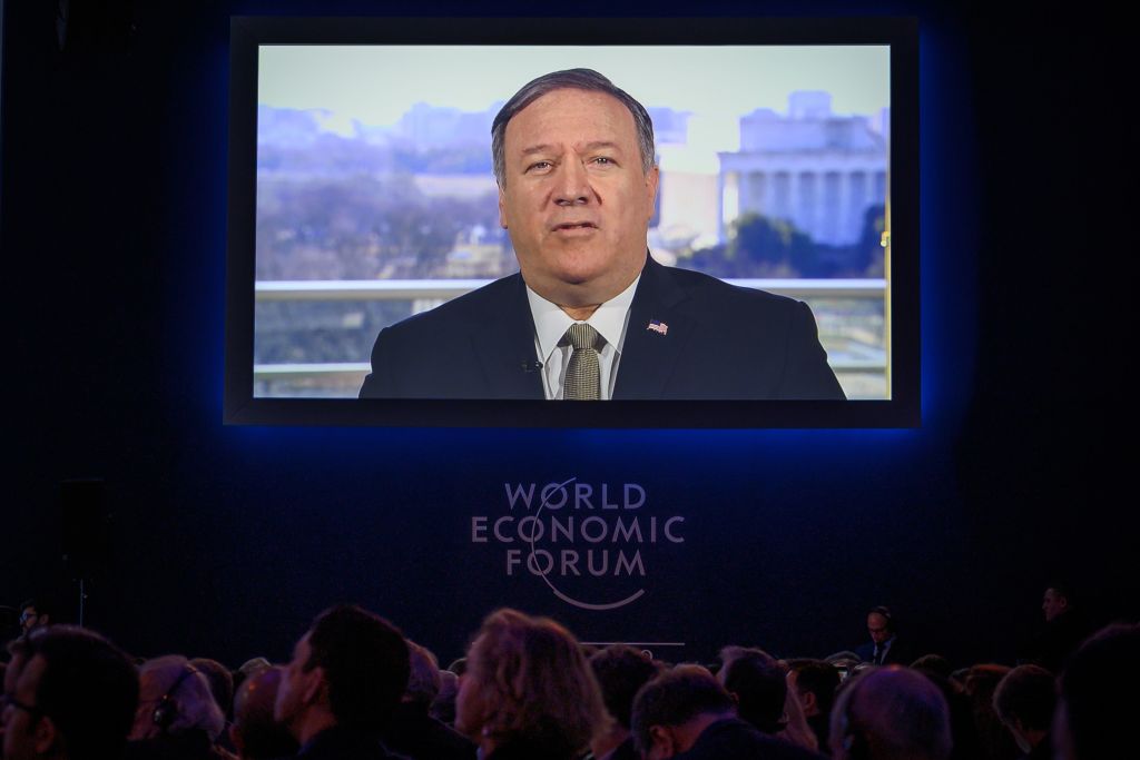 U.S. Secretary of State Mike Pompeo is seen on a screen at the World Economic Forum