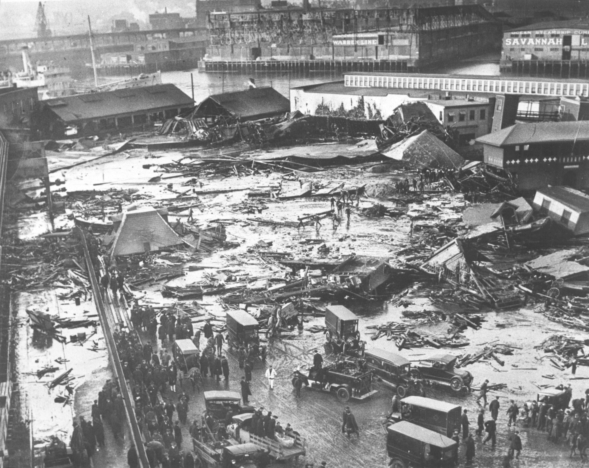 A molasses tank collapsed and caused widespread damage in Boston's North End in January 1919. The incident is commonly referred to as the Great Molasses Flood. (Boston Globe via Getty Images)