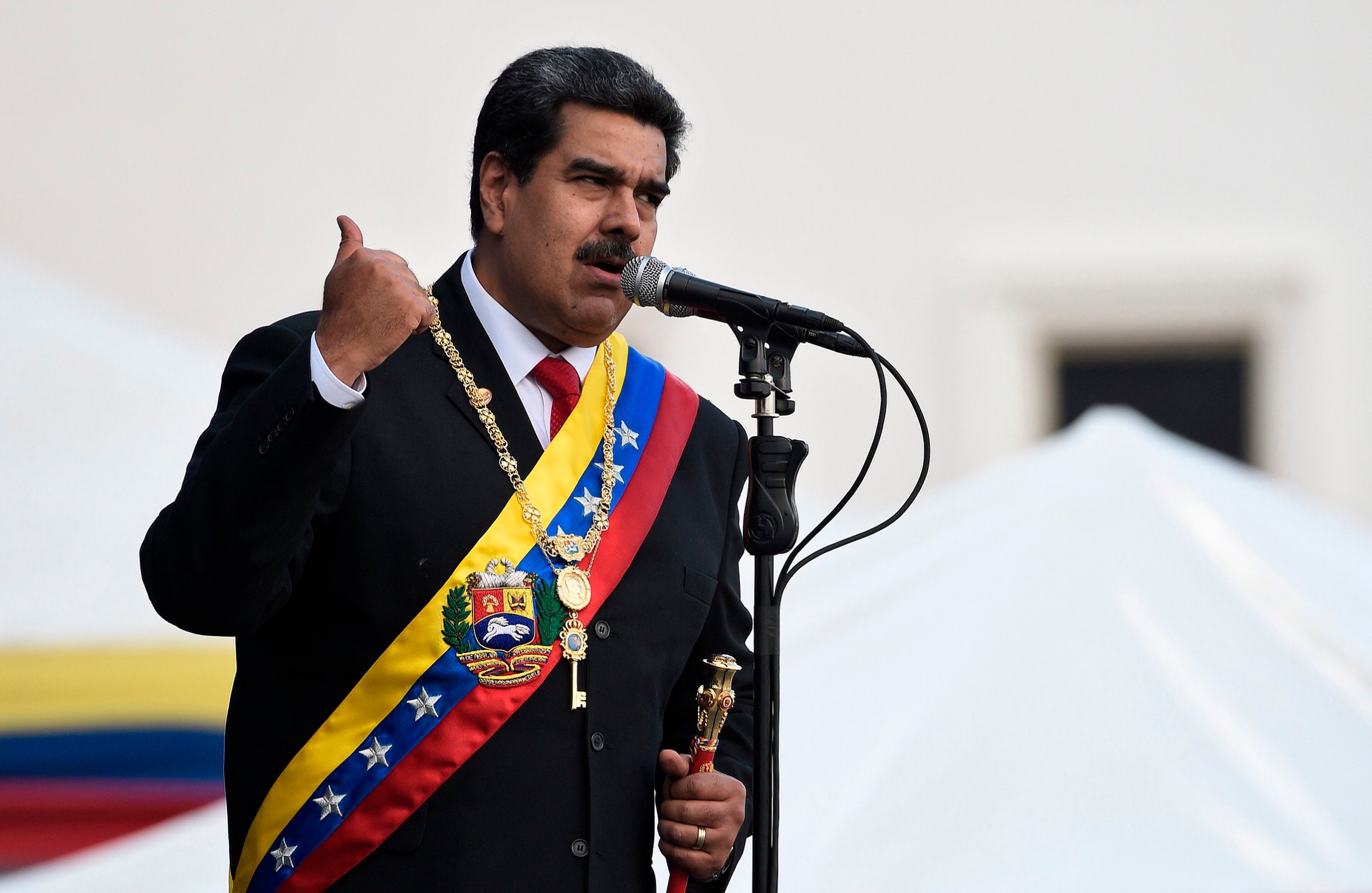 Venezuela's President Nicolas Maduro delivers a speech during the ceremony of recognition by the Bolivarian National Armed Forces (FANB) after being sworn in for a second term, at the Fuerte Tiuna Military Complex, in Caracas on January 10, 2019.