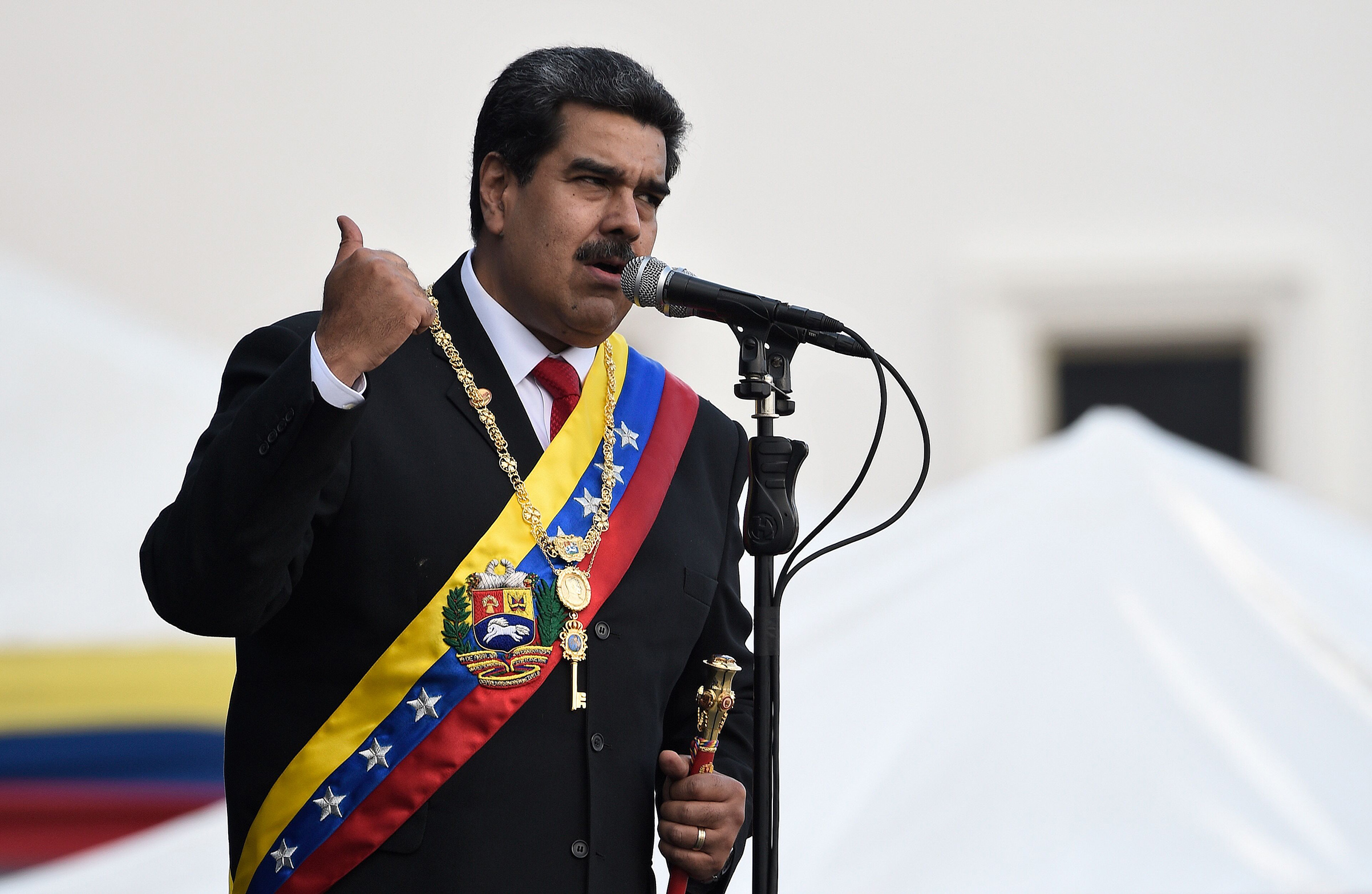 Venezuela's President Nicolas Maduro delivers a speech during the ceremony of recognition by the Bolivarian National Armed Forces (FANB) after being sworn in for a second term, at the Fuerte Tiuna Military Complex, in Caracas on January 10, 2019. (Federico Parra—AFP/Getty Images)
