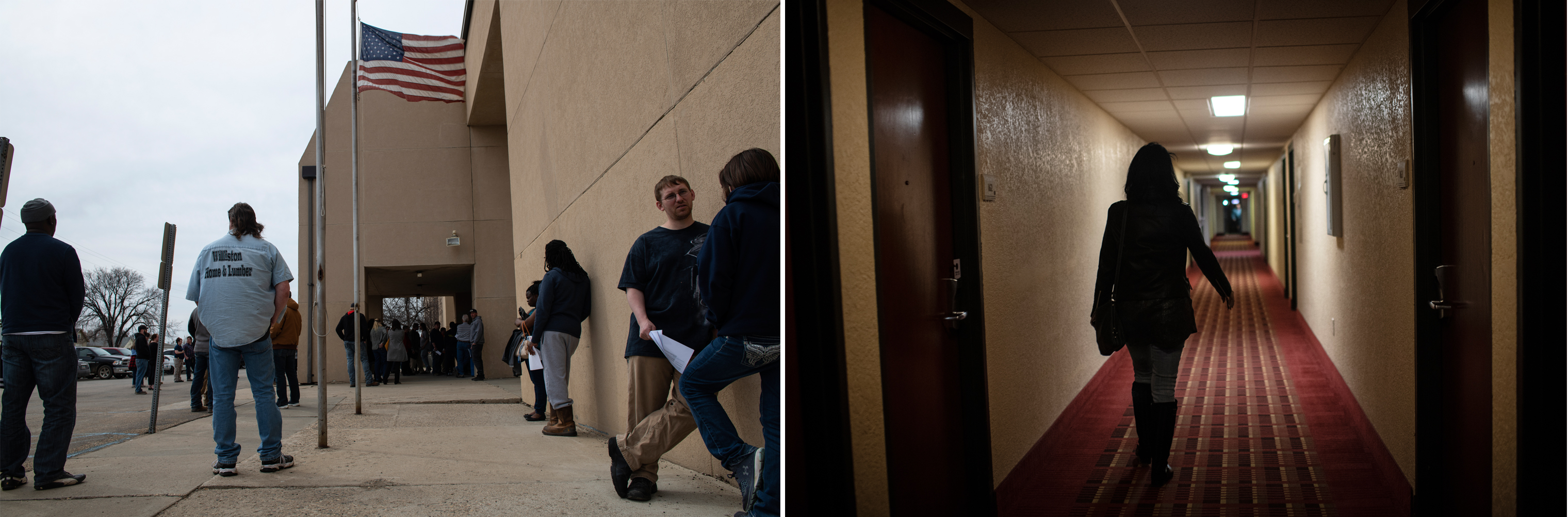 Left: People wait for the doors to open for at a job fair in Williston, North Dakota, April 23, 2018.; Right: Lazenko tours hotels that were at the heart of the trafficking industry during the oil boom, April 24, 2018. (Lynsey Addario for TIME)