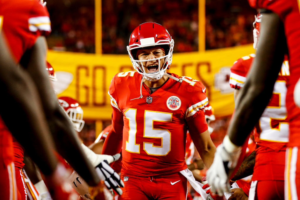 Patrick Mahomes #15 of the Kansas City Chiefs runs through high fives from teammates during pre game introductions prior to the game against the Cincinnati Bengals at Arrowhead Stadium on October 21, 2018 in Kansas City, Kansas. (David Eulitt&mdash;Getty Images)