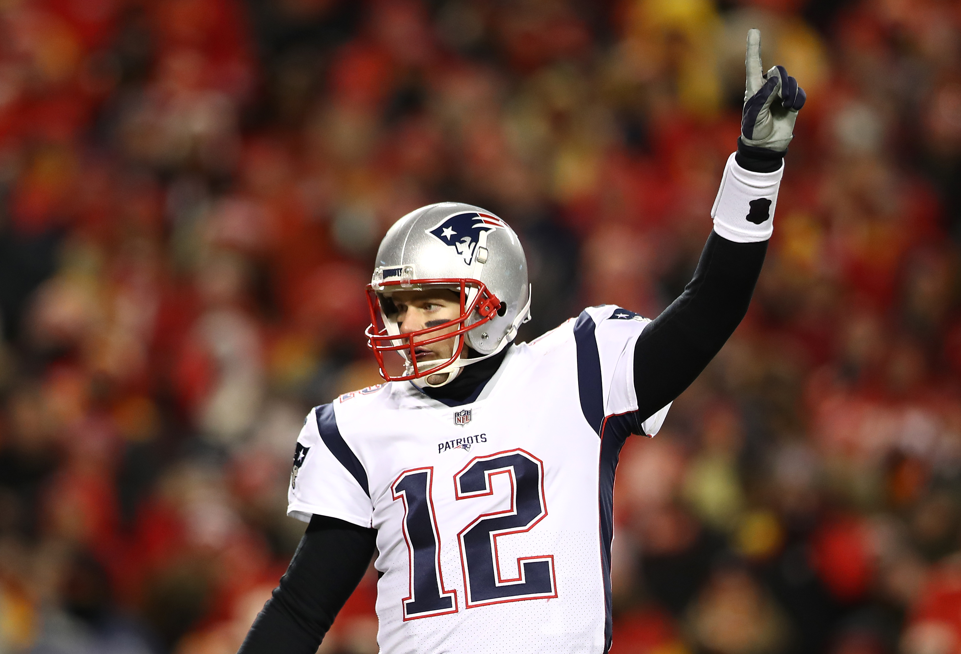 KANSAS CITY, MISSOURI - JANUARY 20: Tom Brady #12 of the New England Patriots gestures in the first half against the Kansas City Chiefs during the AFC Championship Game at Arrowhead Stadium on January 20, 2019 in Kansas City, Missouri. (Photo by Ronald Martinez/Getty Images) (Ronald Martinez&mdash;Getty Images)