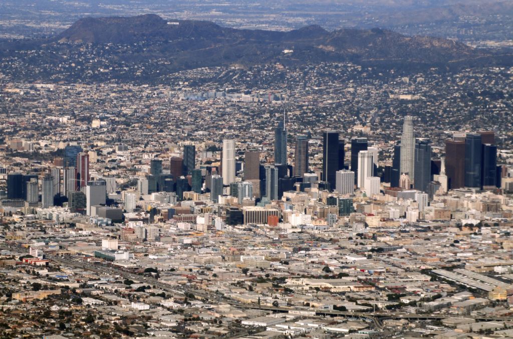 An aerial picture taken on Jan. 3, 2019, shows Los Angeles downtown and Hollywood. (Daniel Slim—AFP/Getty Images)