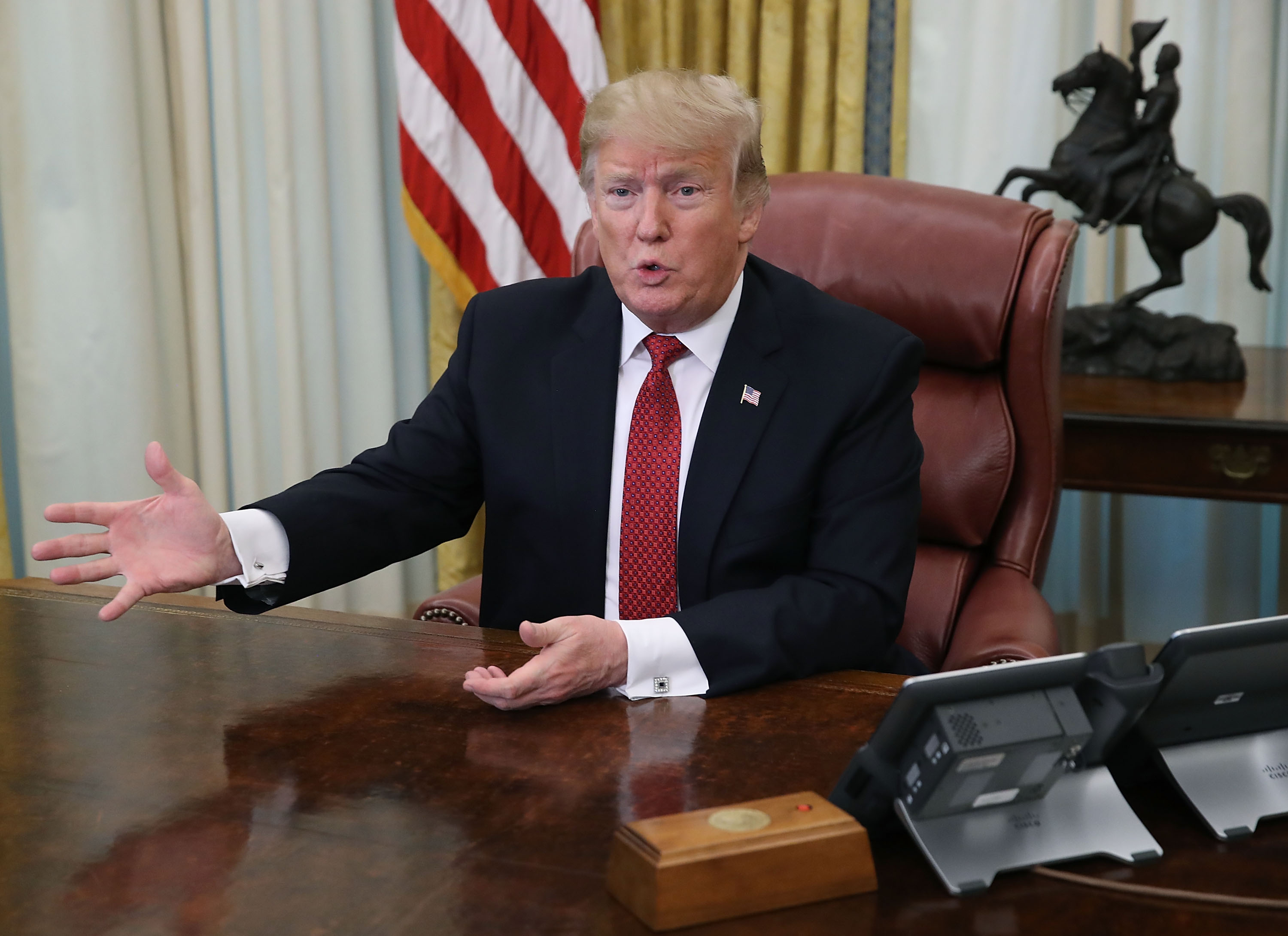 U.S. President Donald Trump speaks during a meeting with Chinese Vice Premier Liu He in the Oval Office at the White House on January 31, 2019 in Washington, D.C., the same day he met with his intelligence chiefs (Mark Wilson&mdash;Getty Images)