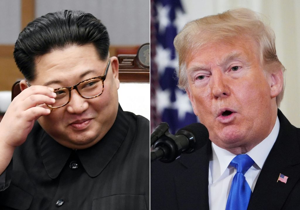 This combination of pictures created on Nov. 12, 2018 shows North Korea's leader Kim Jong Un during the Inter-Korean summit in the Peace House building on the southern side of the truce village of Panmunjom on April 27, 2018, and
                      President Donald Trump during a post-election press conference in the East Room of the White House in Washington, DC on Nov. 7, 2018. (KOREA SUMMIT PRESS POOL, MANDEL NGAN—AFP/Getty Images)