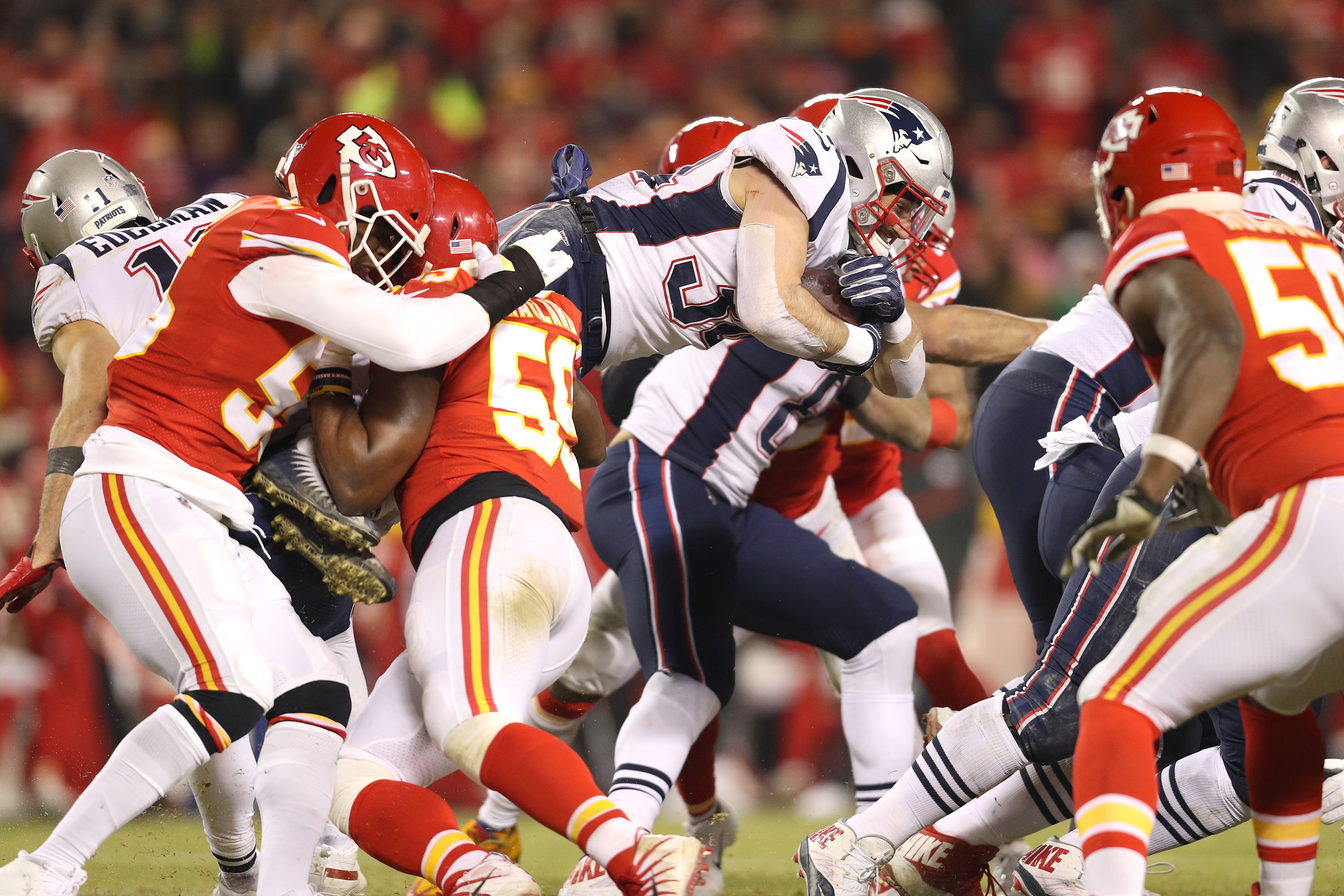 Rex Burkhead #34 of the New England Patriots is tackled as he carries the ball in the second half against the Kansas City Chiefs during the AFC Championship Game at Arrowhead Stadium on January 20, 2019 in Kansas City, Missouri. (Photo by Patrick Smith/Getty Images) (Patrick Smith—Getty Images)