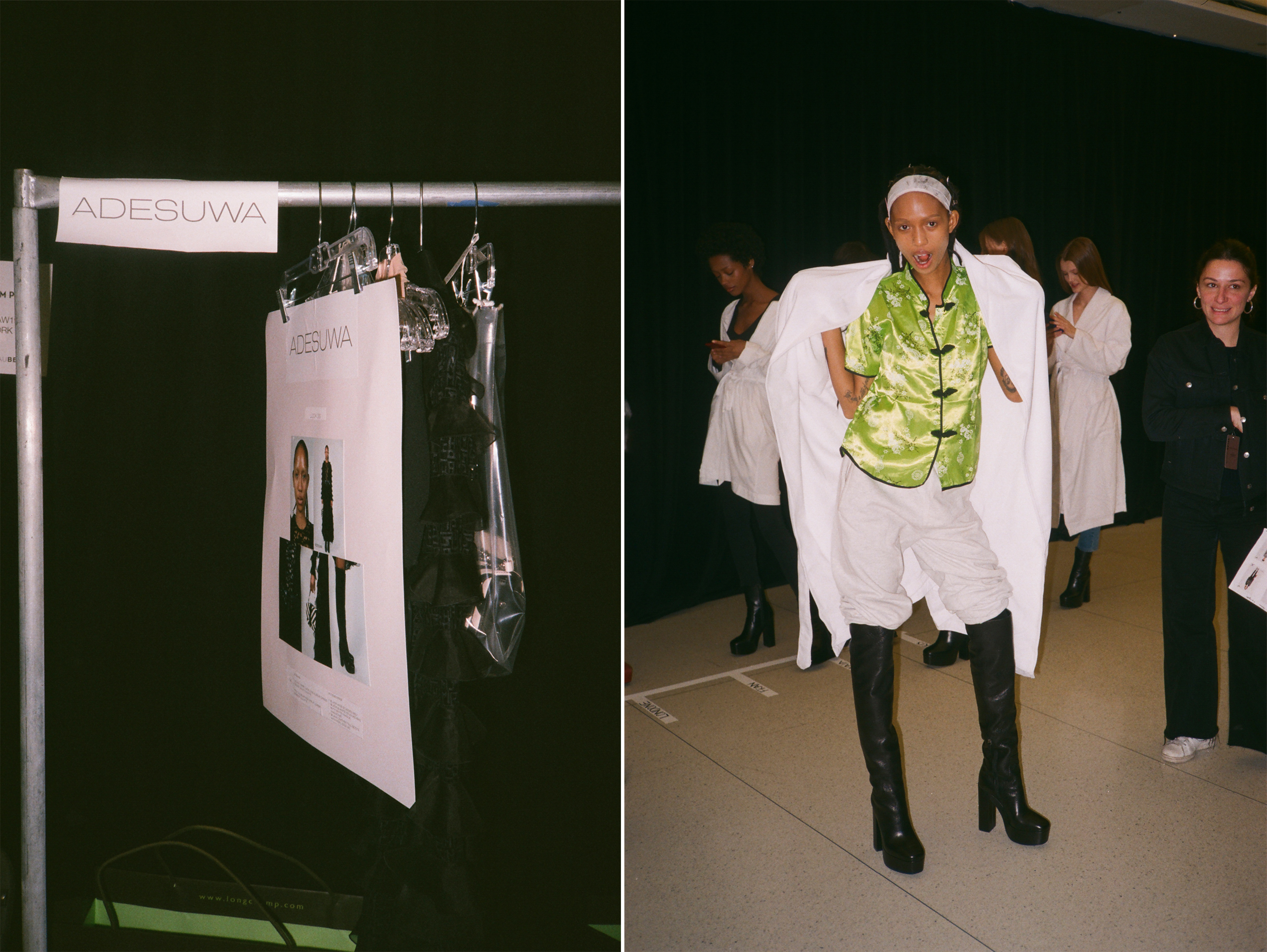 Left: Aighewi’s look for the Longchamp show hangs backstage; Right: Aighewi, wearing the knee-high boots that she will wear during the show, waits for the second rehearsal (Mary Kang)