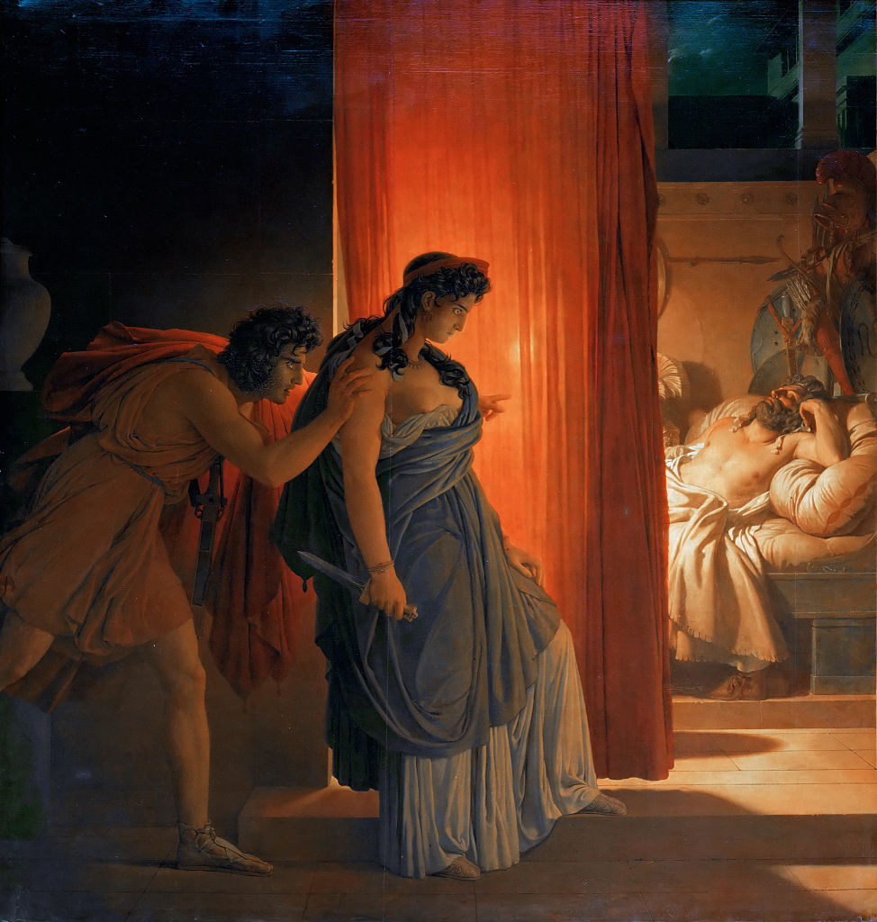 Clytemnestra hesitates before killing the sleeping Agamemnon. Artist: Guérin, Pierre Narcisse, Baron (1774-1833)