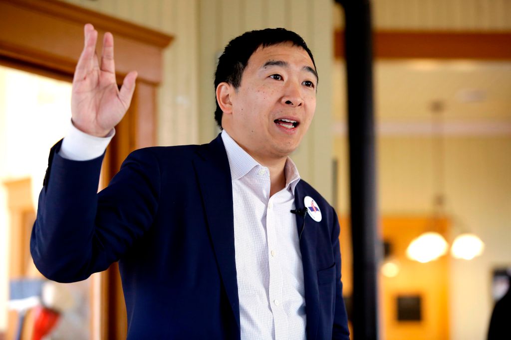 Entrepreneur and 2020 presidential candidate Andrew Yang speaks during a campaign stop at the train depot in Jefferson, Iowa on Feb. 1, 2019. (Joshua Lott—AFP/Getty Images)