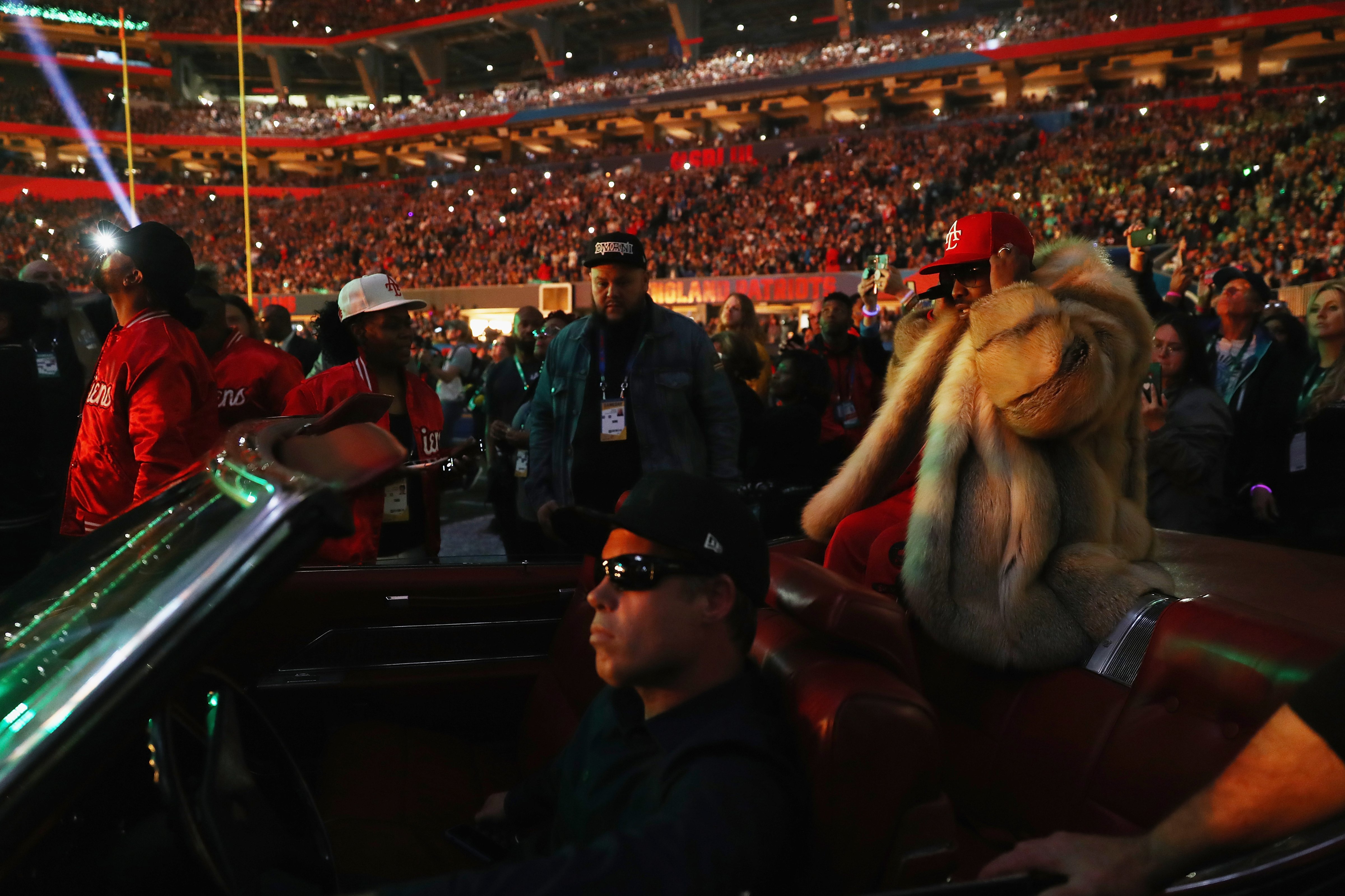 Big Boi arrives in style in a convertible for the half-time show during Super Bowl LIII at Mercedes-Benz Stadium on February 3, 2019 in Atlanta, Georgia.  (Photo by Jamie Squire/Getty Images) (Jamie Squire&mdash;Getty Images)