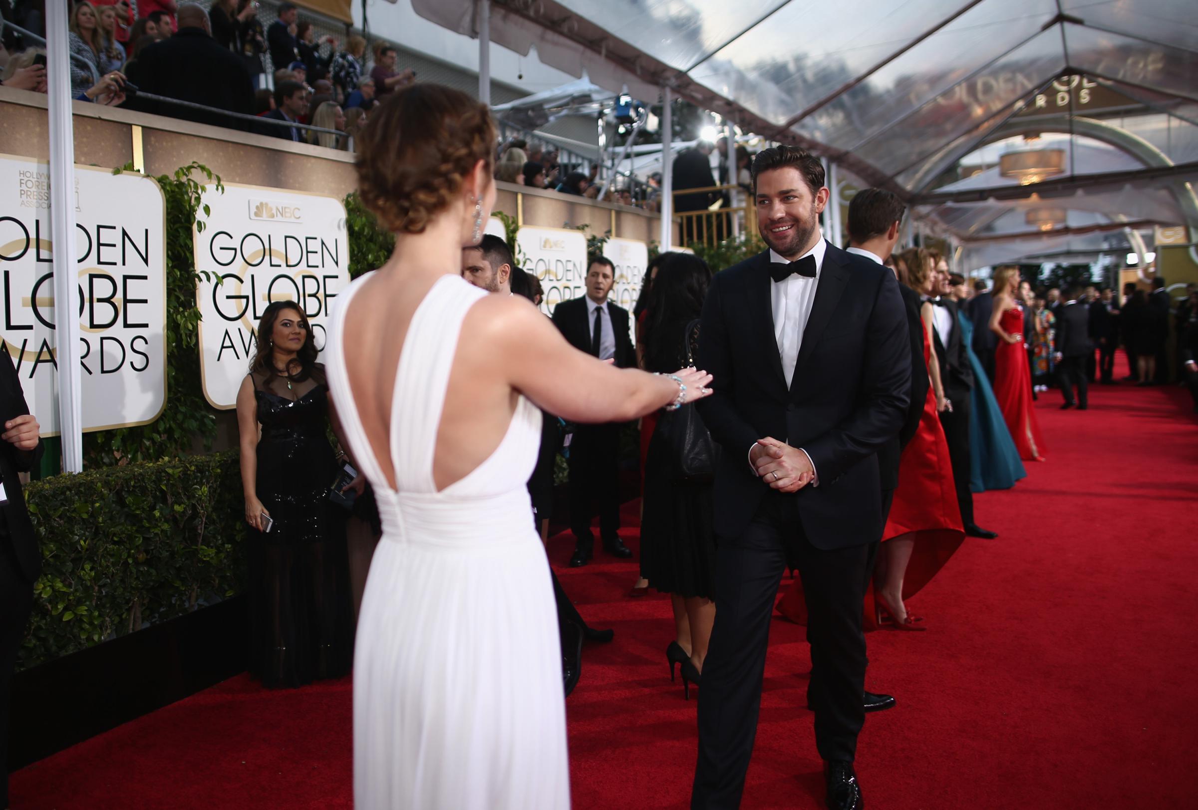 Actors Emily Blunt and John Krasinski arrive to the 72nd Annual Golden Globe Awards