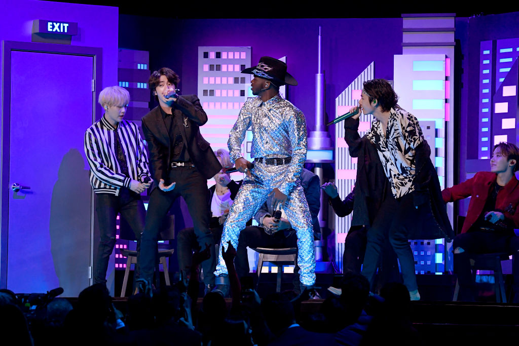 Lil Nas X (C) SUGA, Jin, V, and Jungkook of BTS perform onstage during the 62nd Annual GRAMMY Awards at Staples Center on January 26, 2020 in Los Angeles, California. (Getty Images—2020 Getty Images)