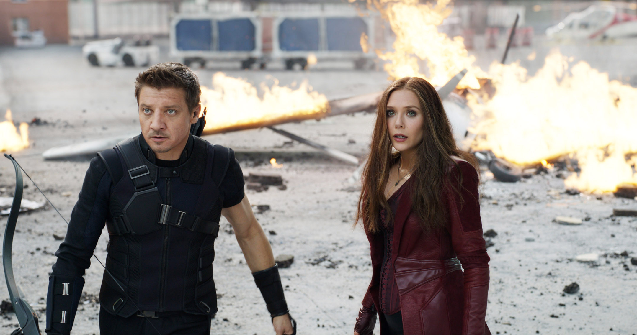 CAPTAIN AMERICA: CIVIL WAR, from left: Jeremy Renner, as Hawkeye, Elizabeth Olsen, as  Scarlet