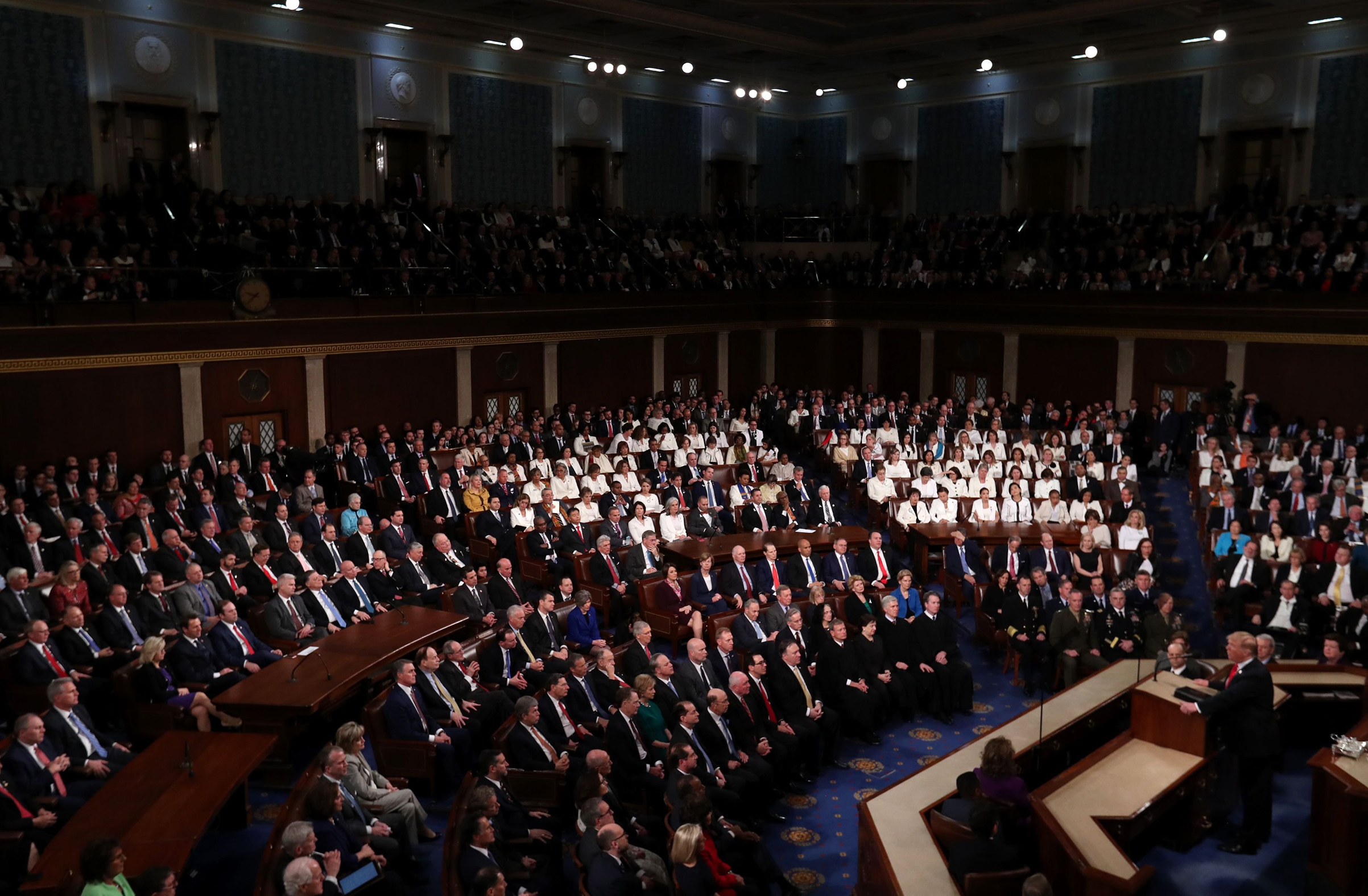 A sweeping view shows dozens of Democratic congresswomen wearing white during President Trump's State of the Union address in Washington, D.C., on Feb. 5, 2019. (Jonathan Ernst—Reuters)