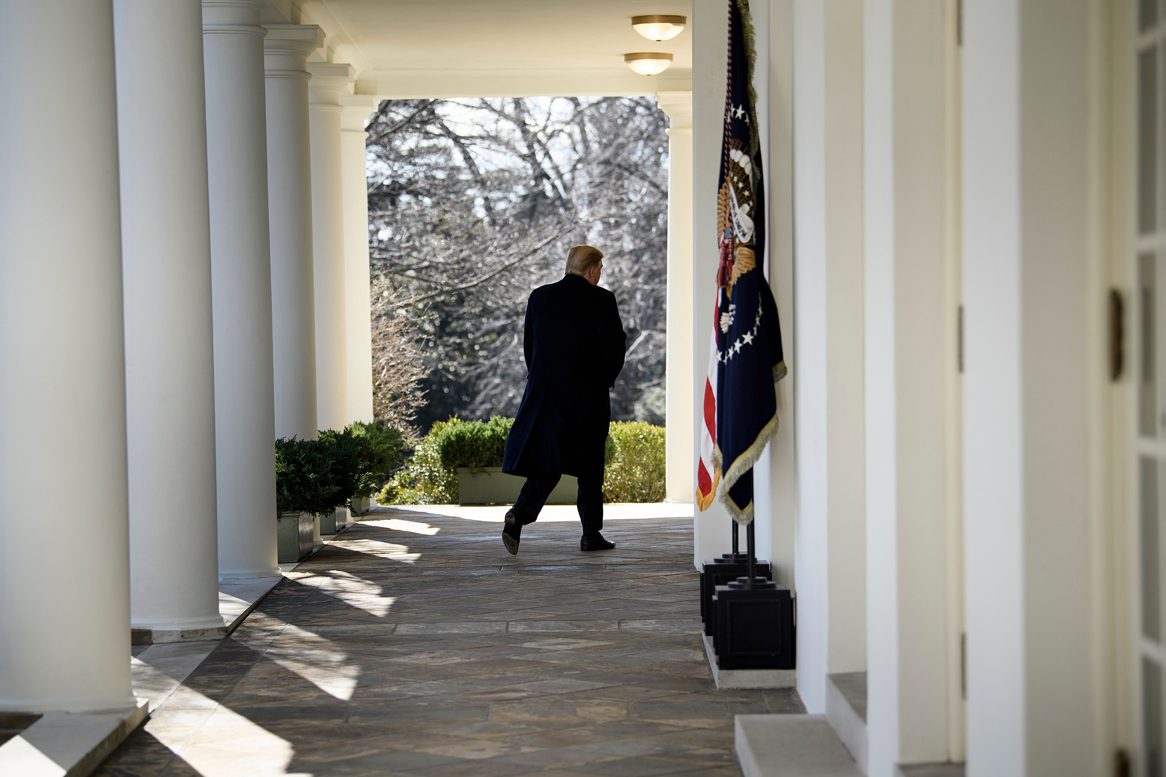 President Donald Trump leaves after speaking from the Rose Garden of the White House in Washington, on Feb. 15, 2019. (Brendan Smialowski—AFP/Getty Images)