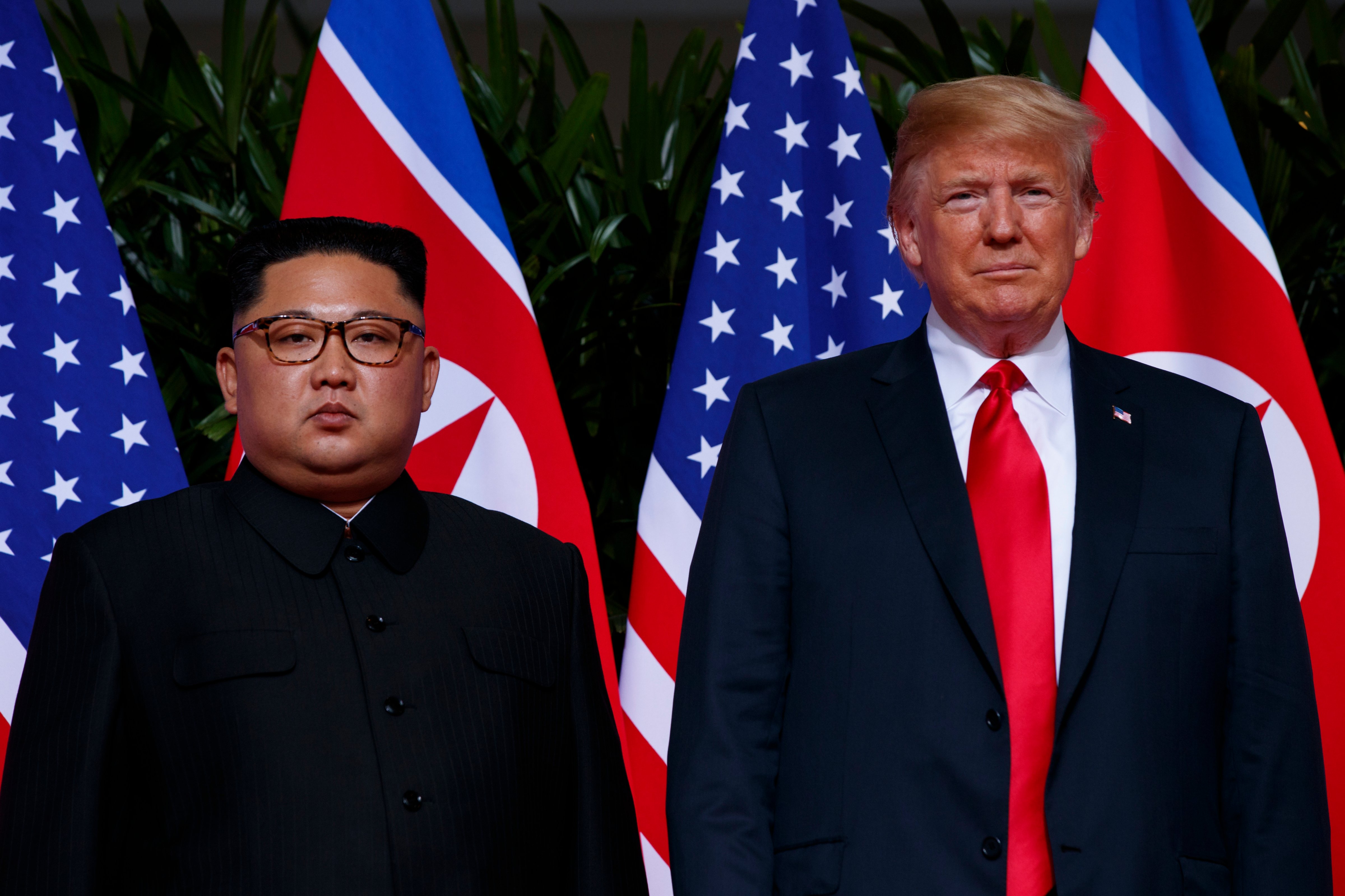 In this June 12, 2018, photo, U.S. President Donald Trump stands with North Korean leader Kim Jong Un during a meeting on Sentosa Island, in Singapore. For some observers, the nightmare result of the second summit between Trump and Kim is an ill-considered deal that allows North Korea to get everything it wants while giving up very little, even as the mercurial leaders trumpet a blockbuster nuclear success. (Evan Vucci&mdash;AP)
